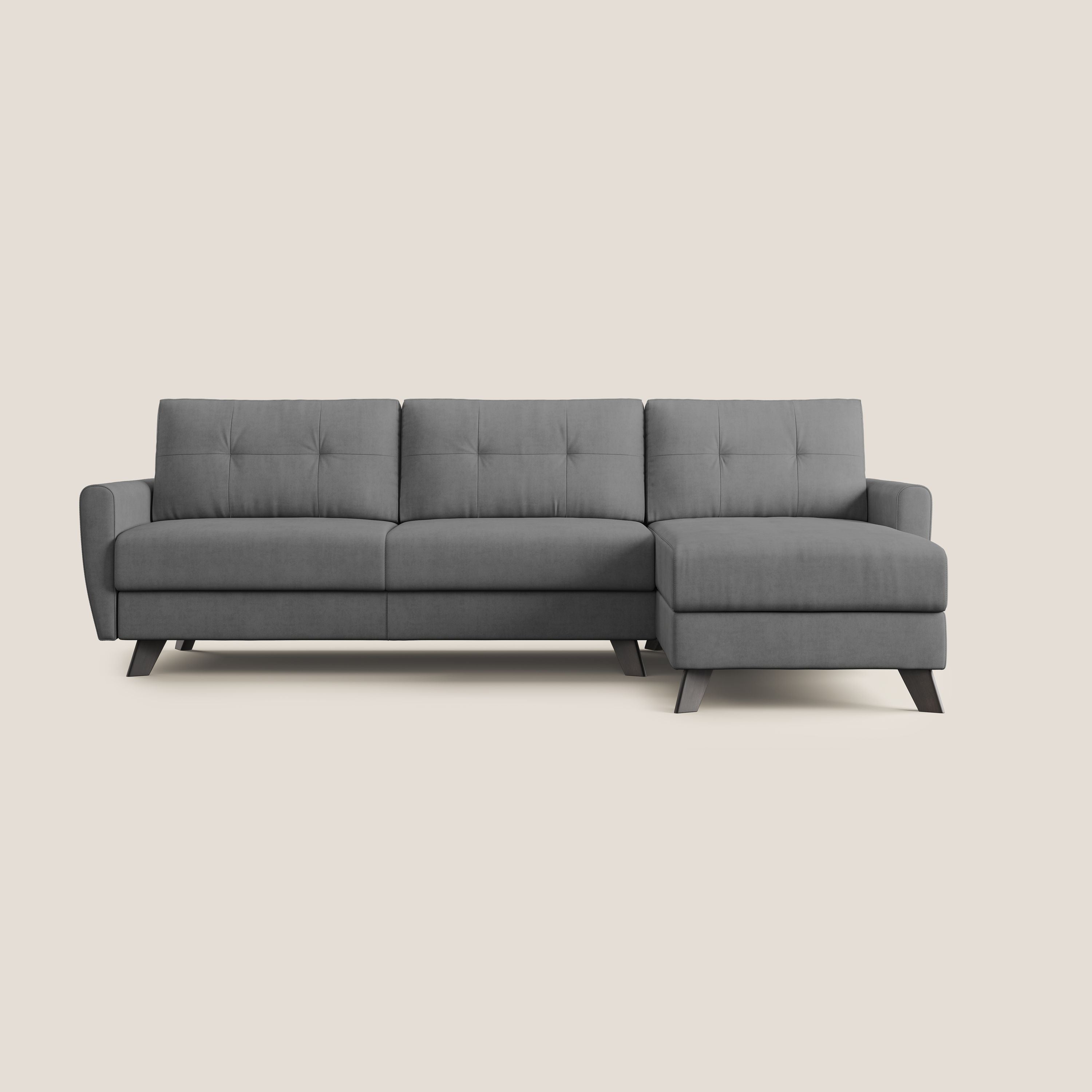Callisto Divano letto angolare con penisola in tessuto morbido impermeabile T02 grigio - divani.store