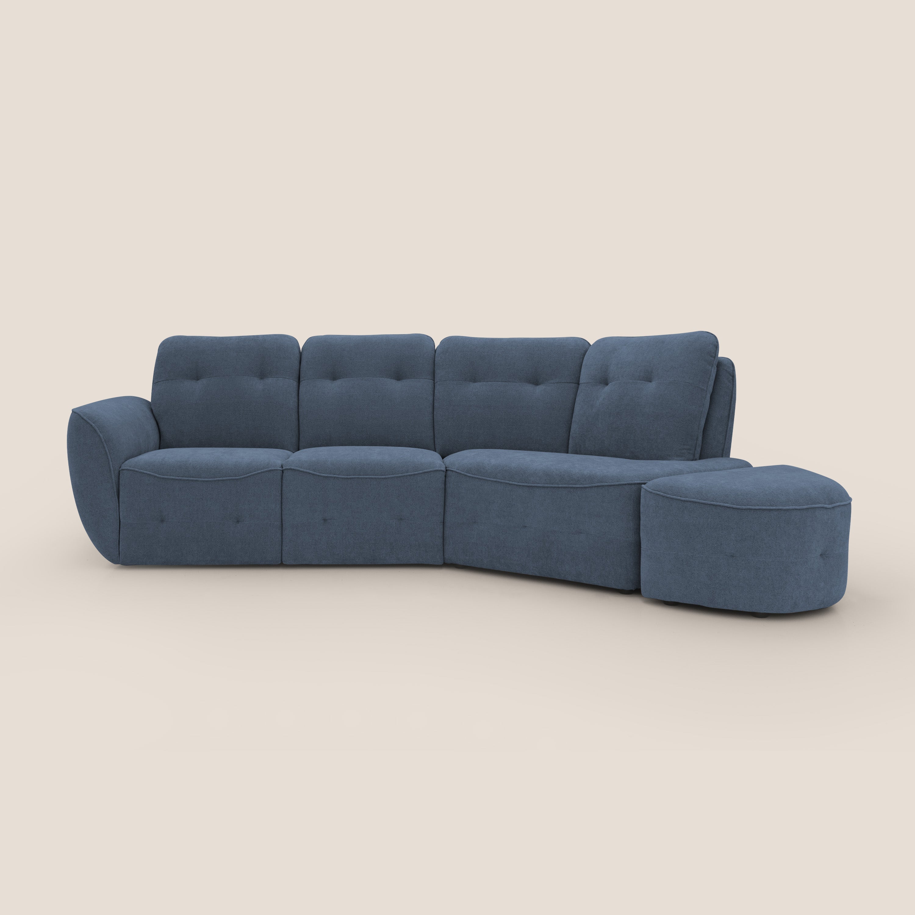 Cerbero divano angolare con pouf mobile in morbido bouclé impermeabile T07 blu - divani.store