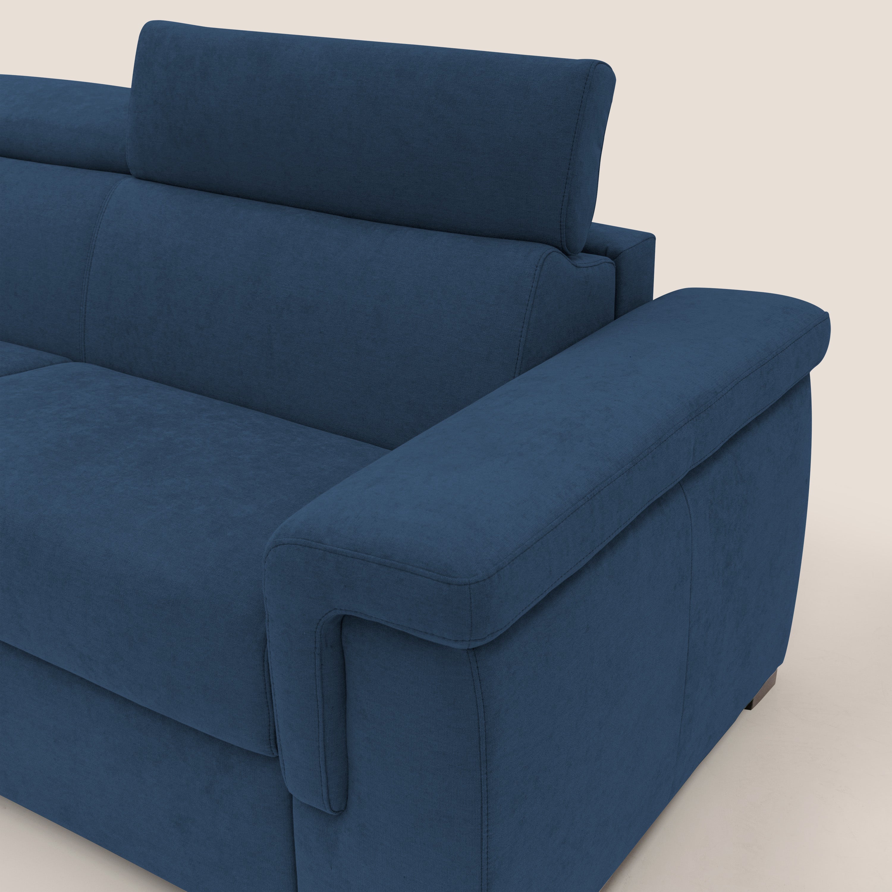 Giunone divano letto con materasso alto 18 cm e poggiatesta reclinabili in tessuto impermeabile T02 blu - divani.store