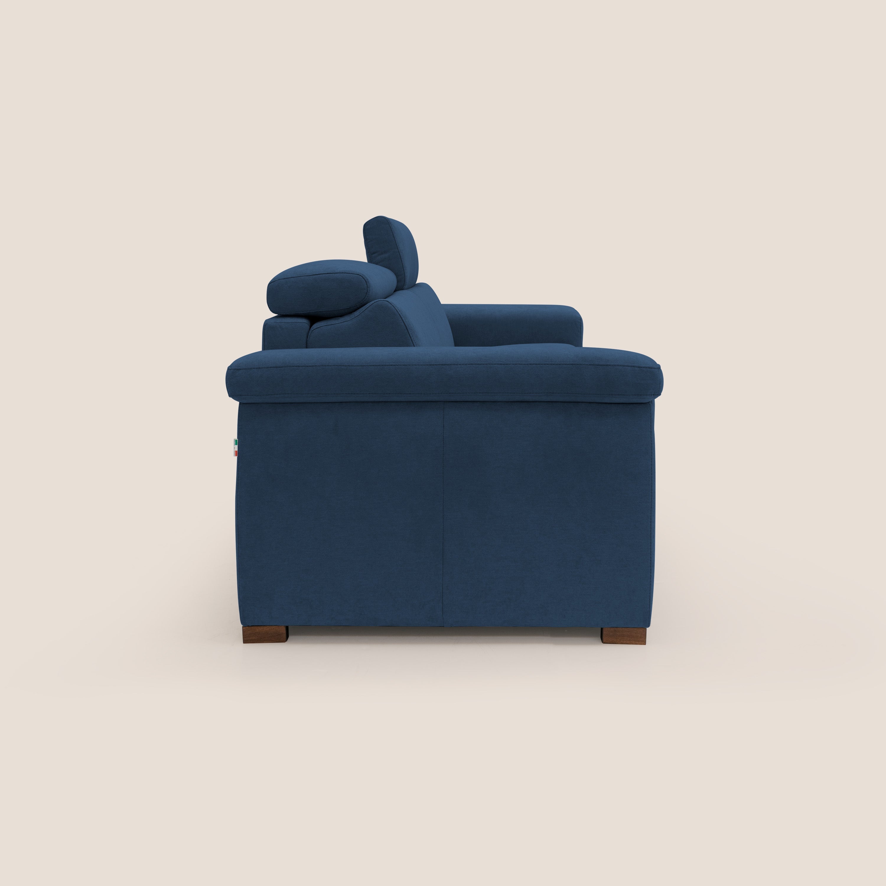 Giunone divano letto con materasso alto 18 cm e poggiatesta reclinabili in tessuto impermeabile T02 blu - divani.store