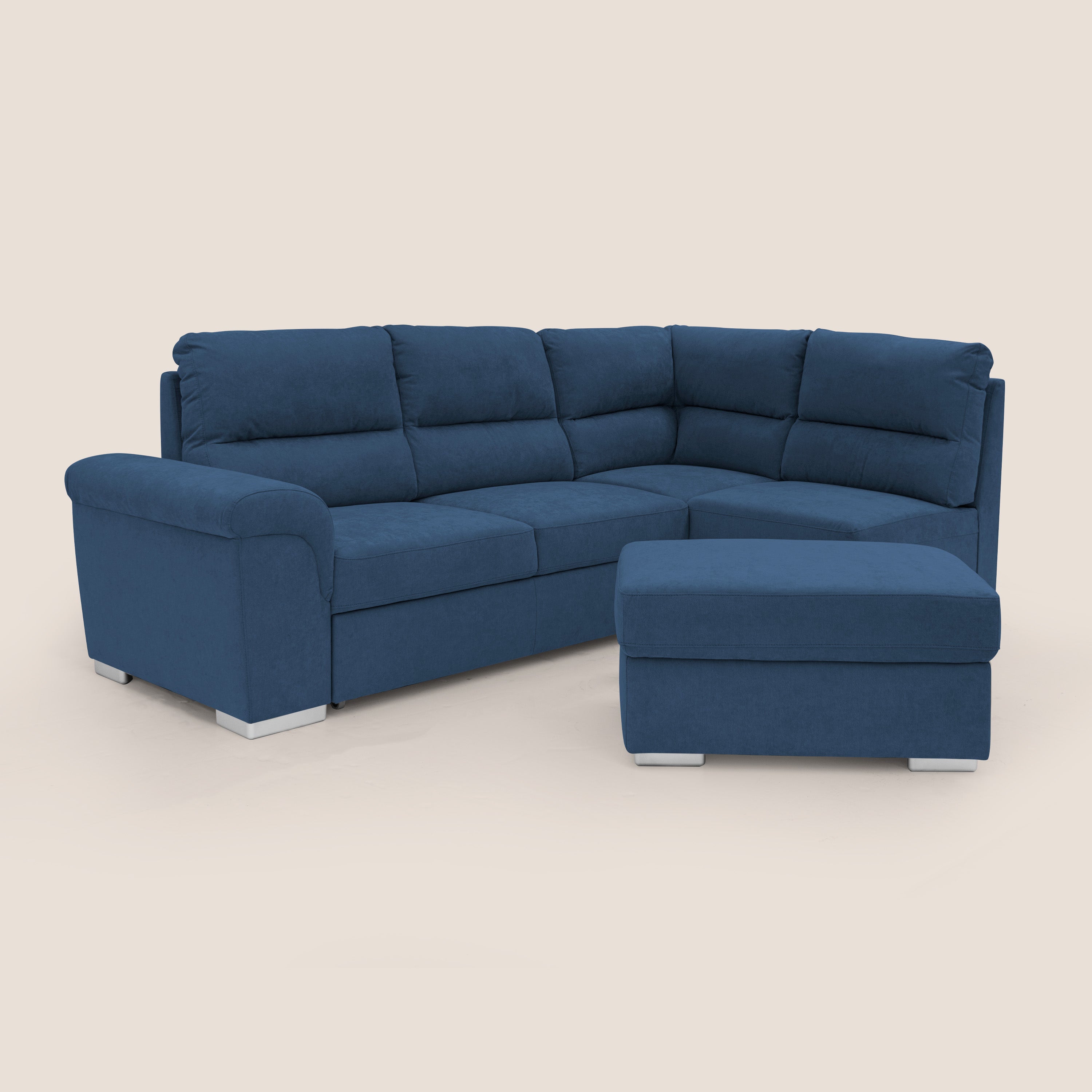 Minerva divano angolare con estraibile a cassettone e pouf contenitore in tessuto morbido impermeabile T02 blu - divani.store