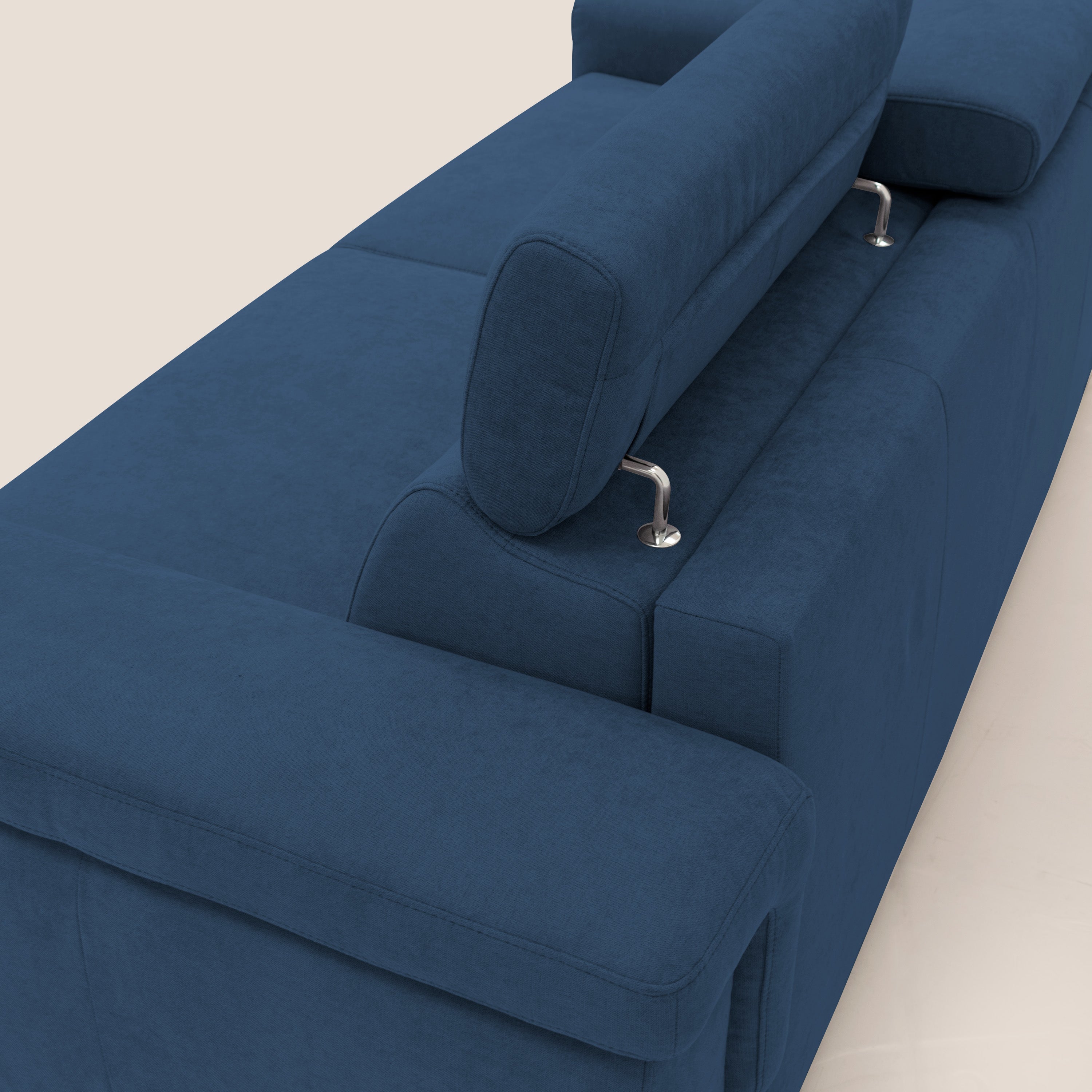 Giunone divano letto con materasso alto 18 cm e poggiatesta reclinabili in tessuto impermeabile T02 blu - divani.store