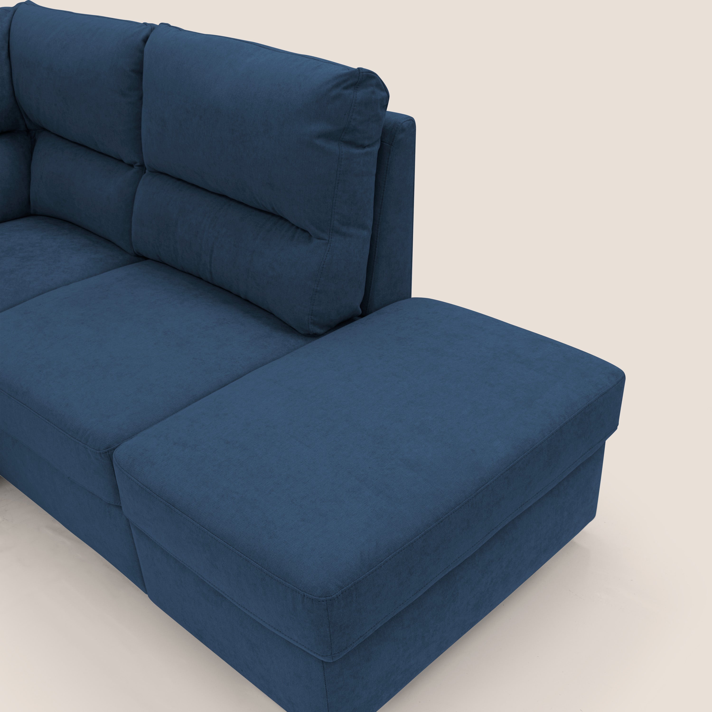 Minerva divano angolare con estraibile a cassettone e pouf contenitore in tessuto morbido impermeabile T02 blu - divani.store
