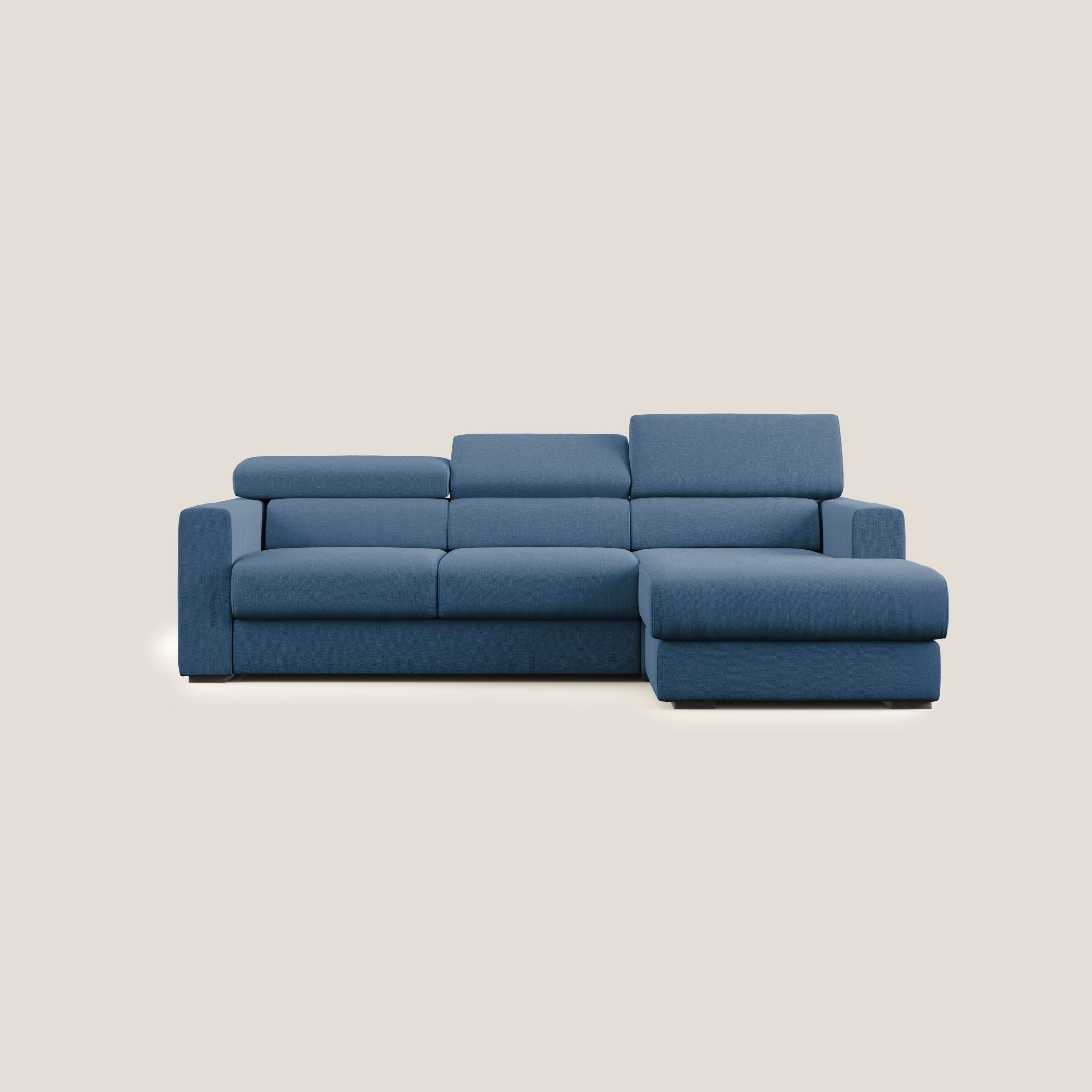 Dylan divano angolare con pouf estraibile poggiapiedi in tessuto simil cotone impermeabile T13 blu - divani.store
