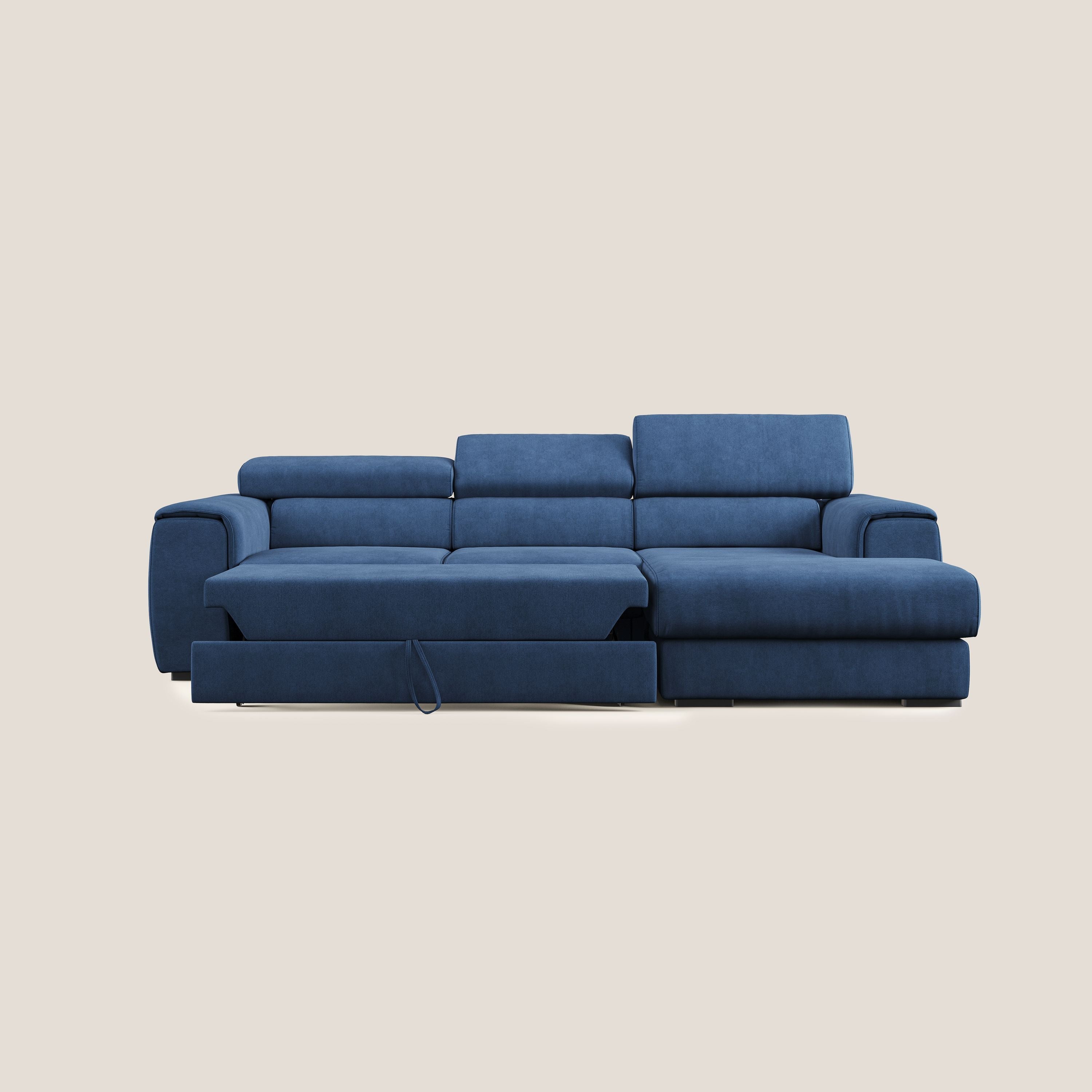 Zeno Divano angolare con pouf estraibile poggiapiedi in tessuto morbido impermeabile T02 blu - divani.store