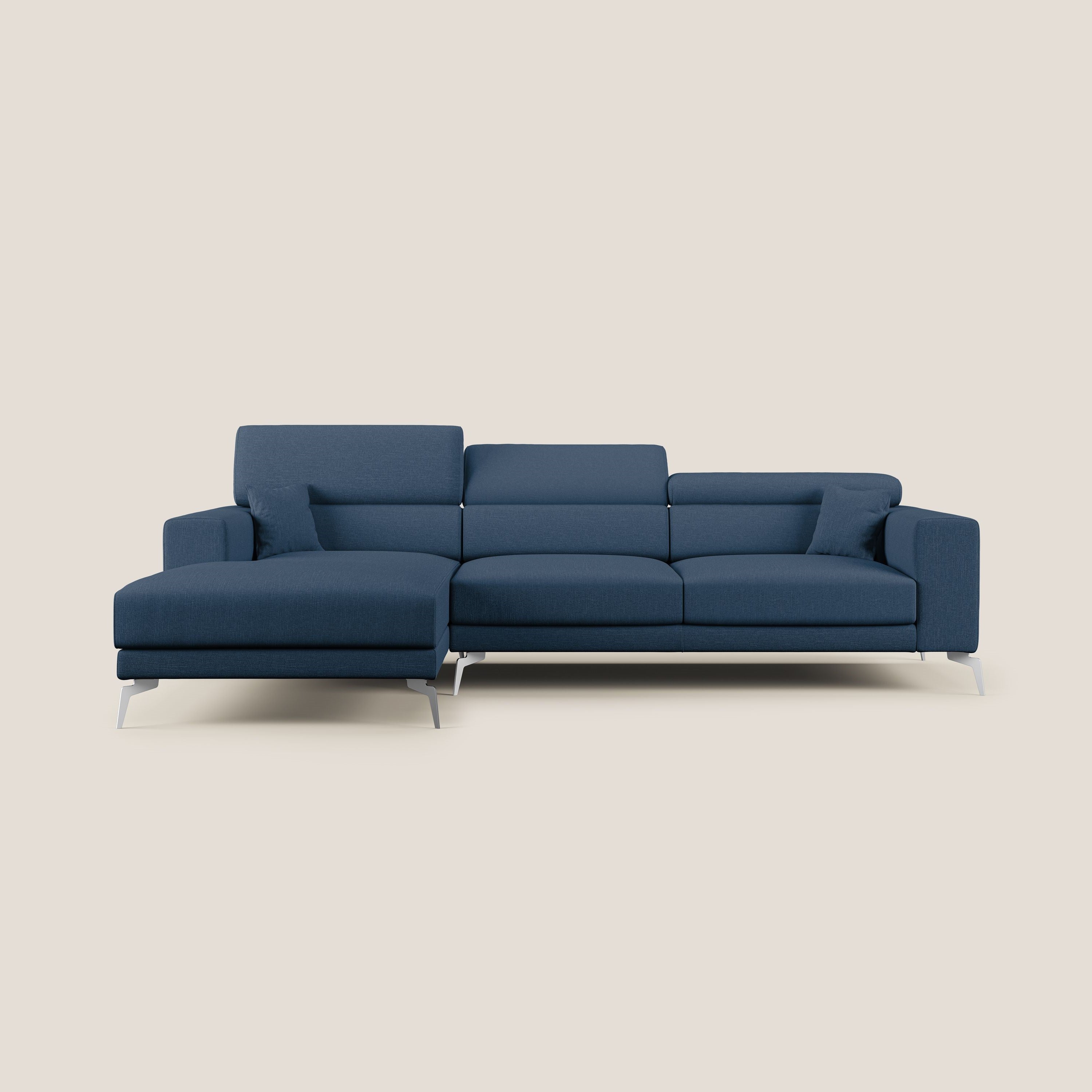 Blade Divano moderno angolare con poggiatesta reclinabili in tessuto impermeabile simil-cotone T13 blu - divani.store