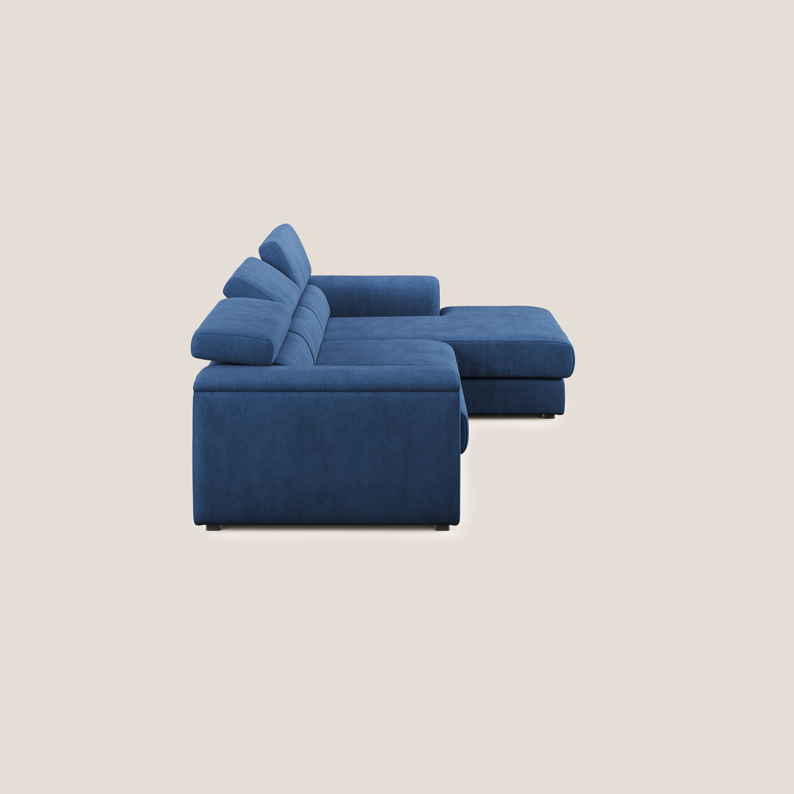 Zeno Divano angolare con pouf estraibile poggiapiedi in tessuto morbido impermeabile T02 blu - divani.store