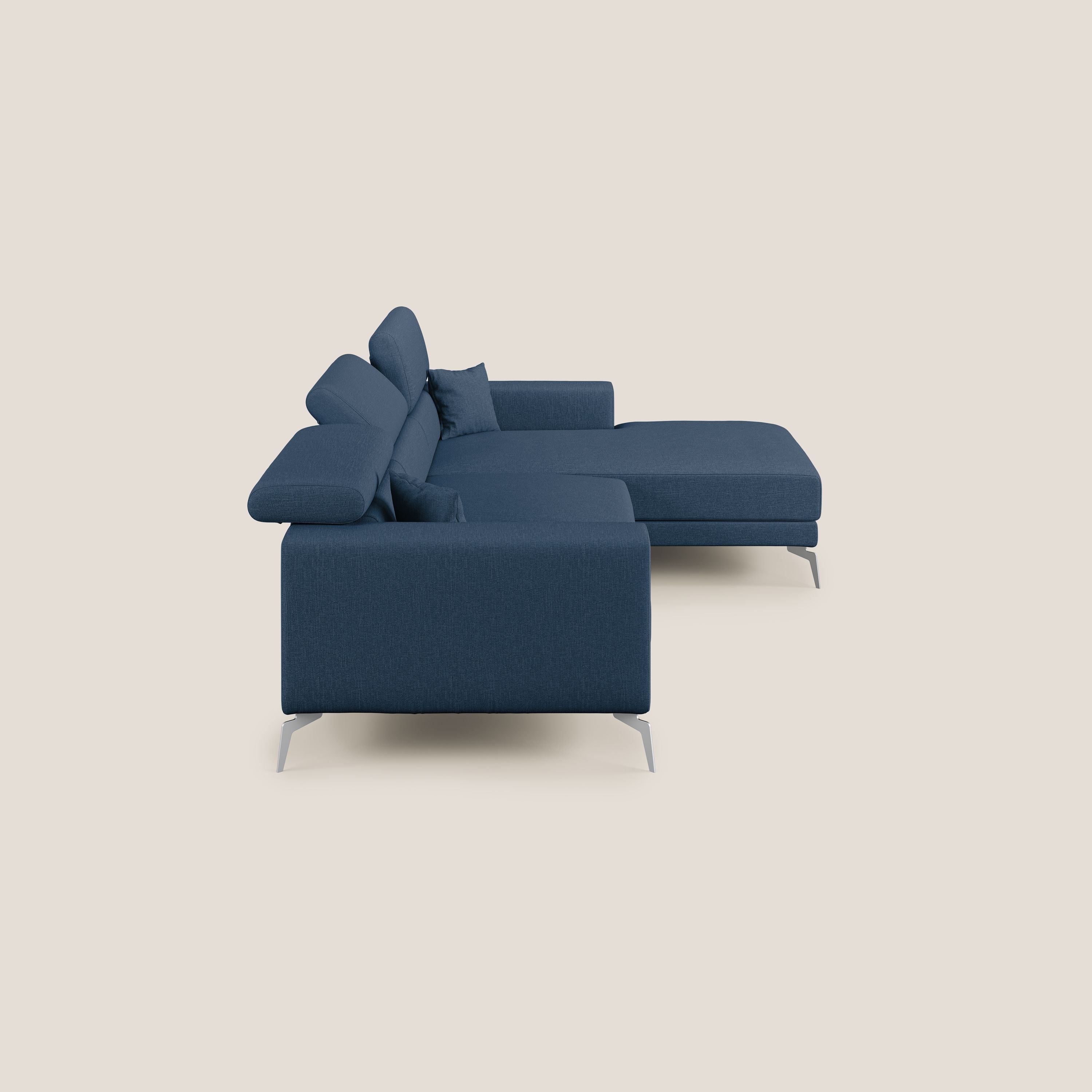 Blade Divano moderno angolare con poggiatesta reclinabili in tessuto impermeabile simil-cotone T13 blu - divani.store