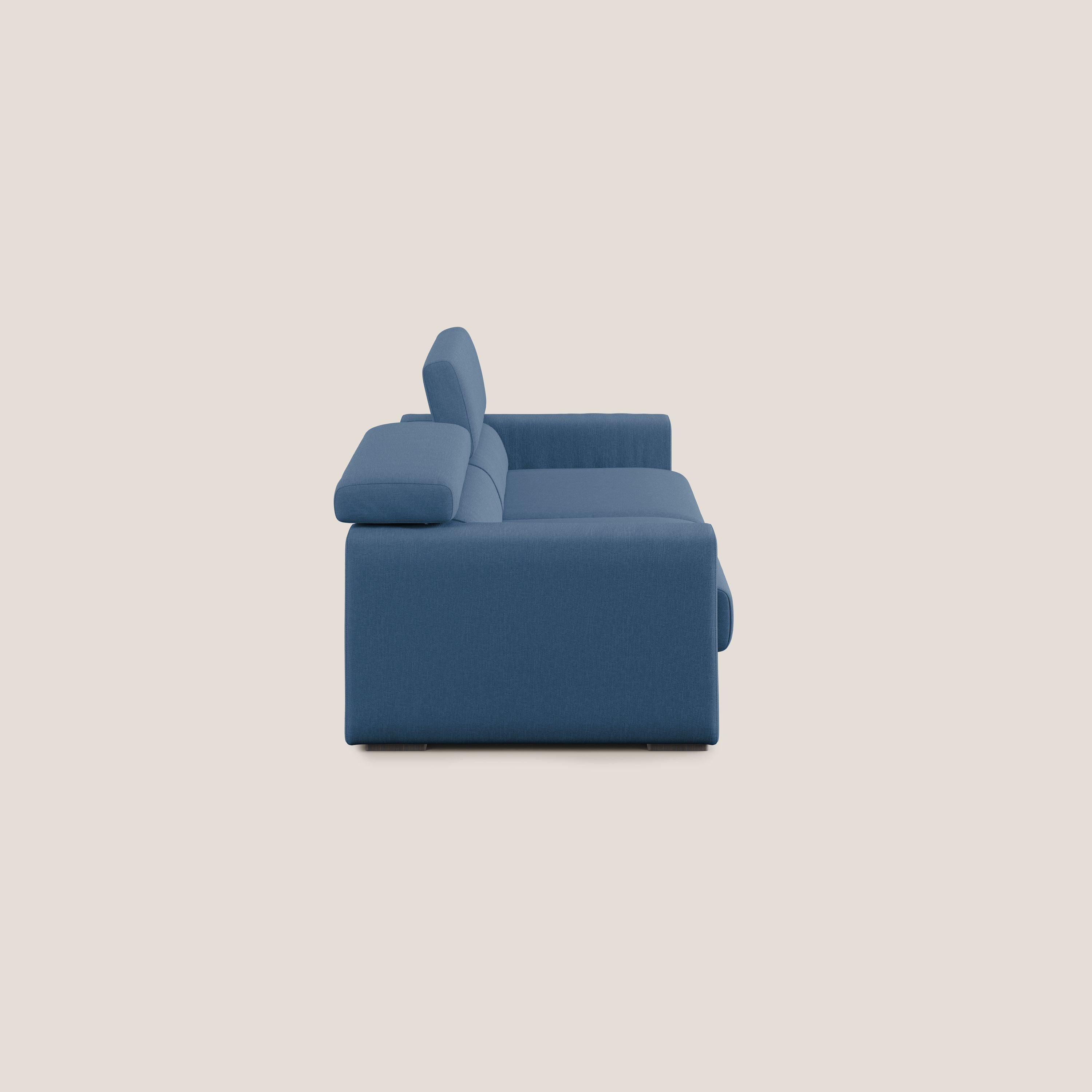 Dylan divano allungabile con pouf estraibile poggiapiedi in tessuto simil cotone impermeabile T13 blu - divani.store