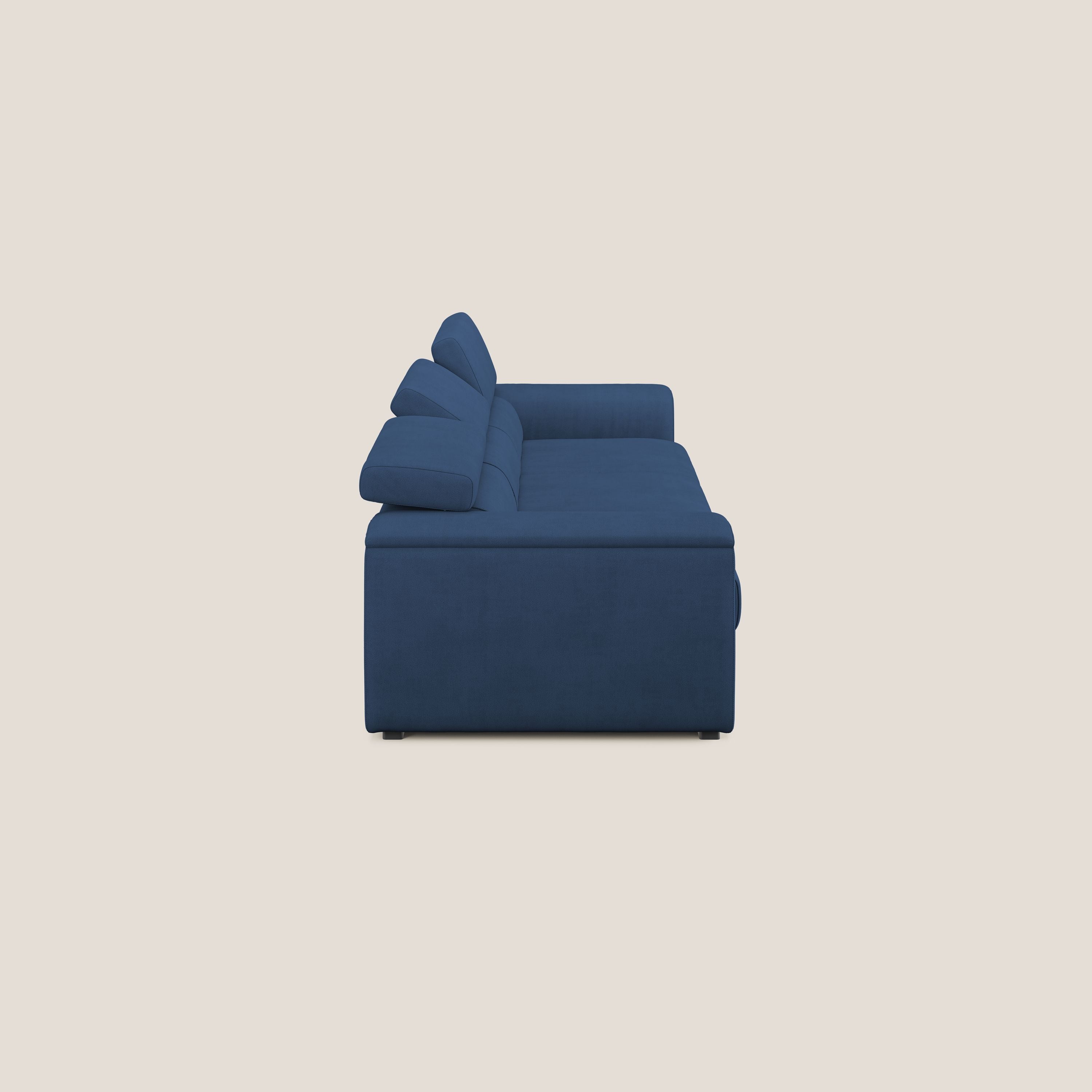 Zeno Divano con pouf estraibile poggiapiedi a 3 sedute in tessuto morbido impermeabile T02 blu - divani.store