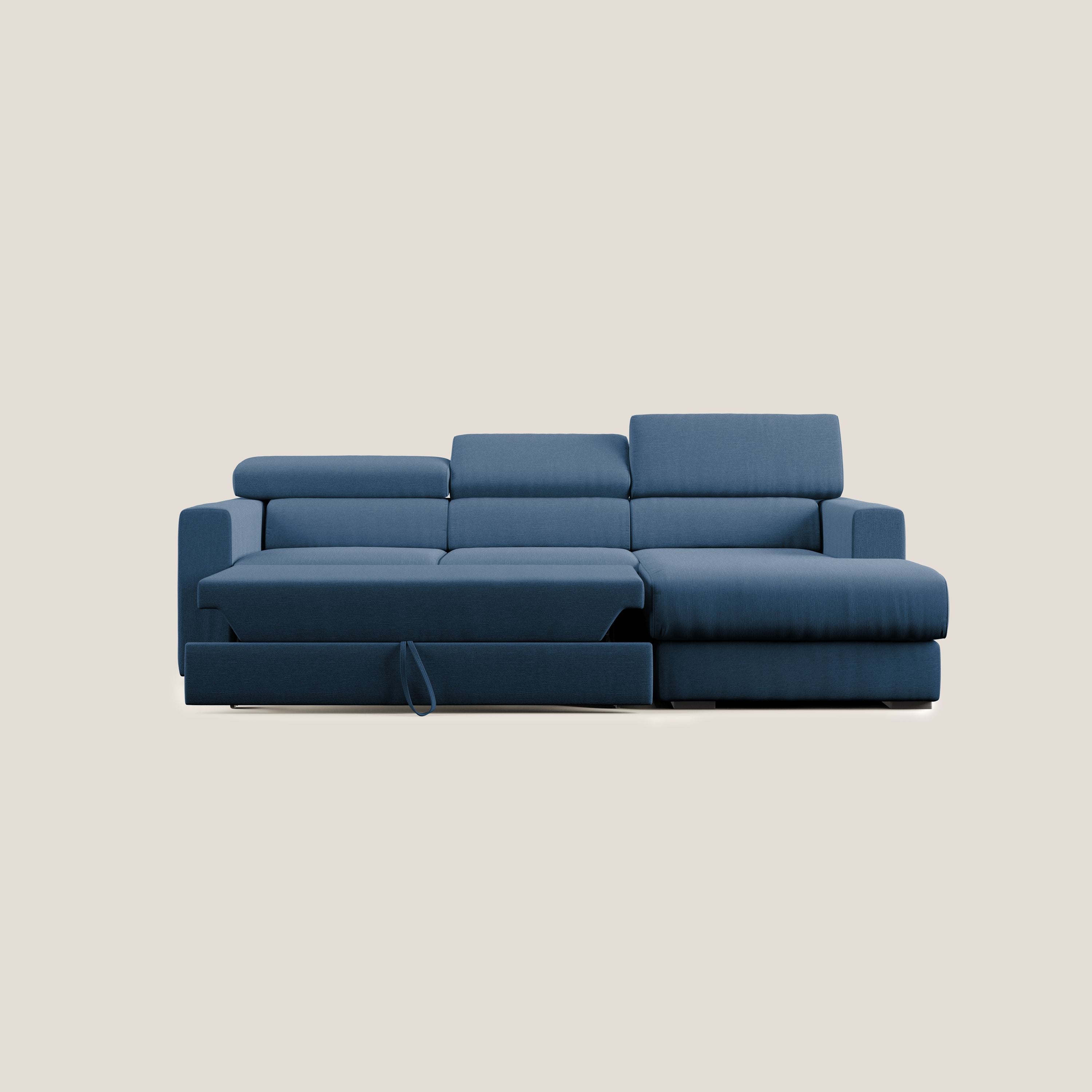 Dylan divano angolare con pouf estraibile poggiapiedi in tessuto simil cotone impermeabile T13 blu - divani.store