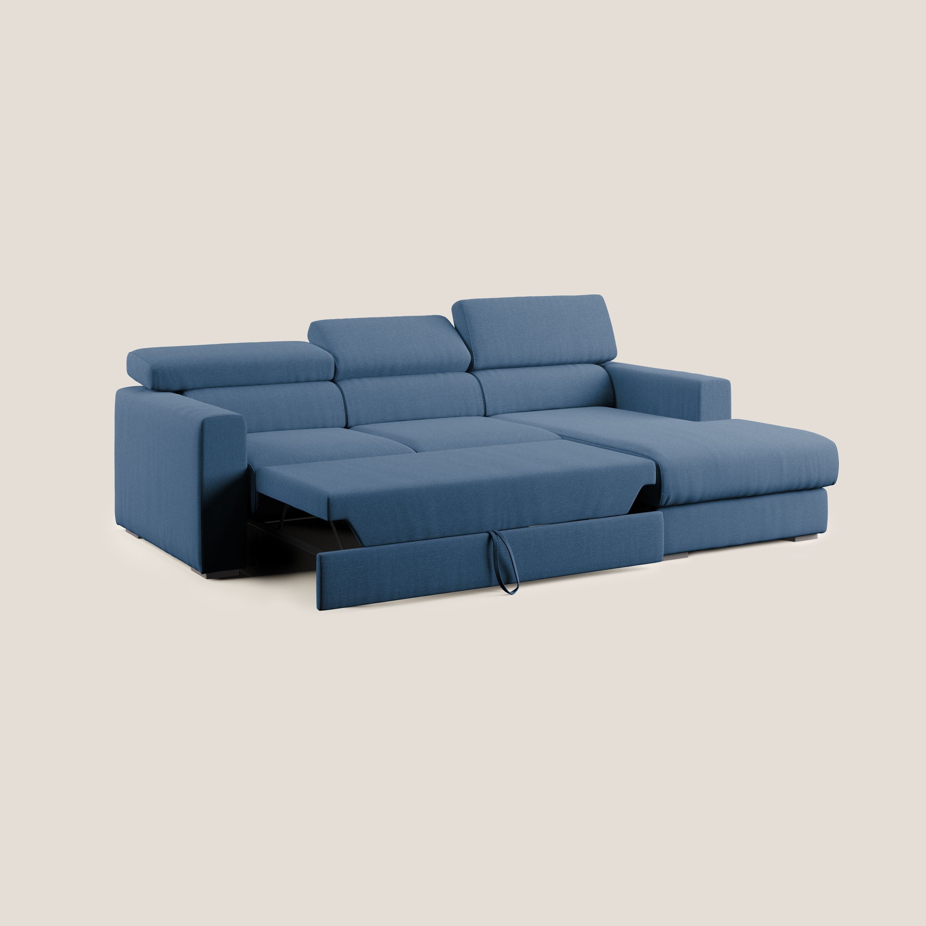 Dylan divano angolare con pouf estraibile poggiapiedi in tessuto simil cotone impermeabile T13 blu - divani.store