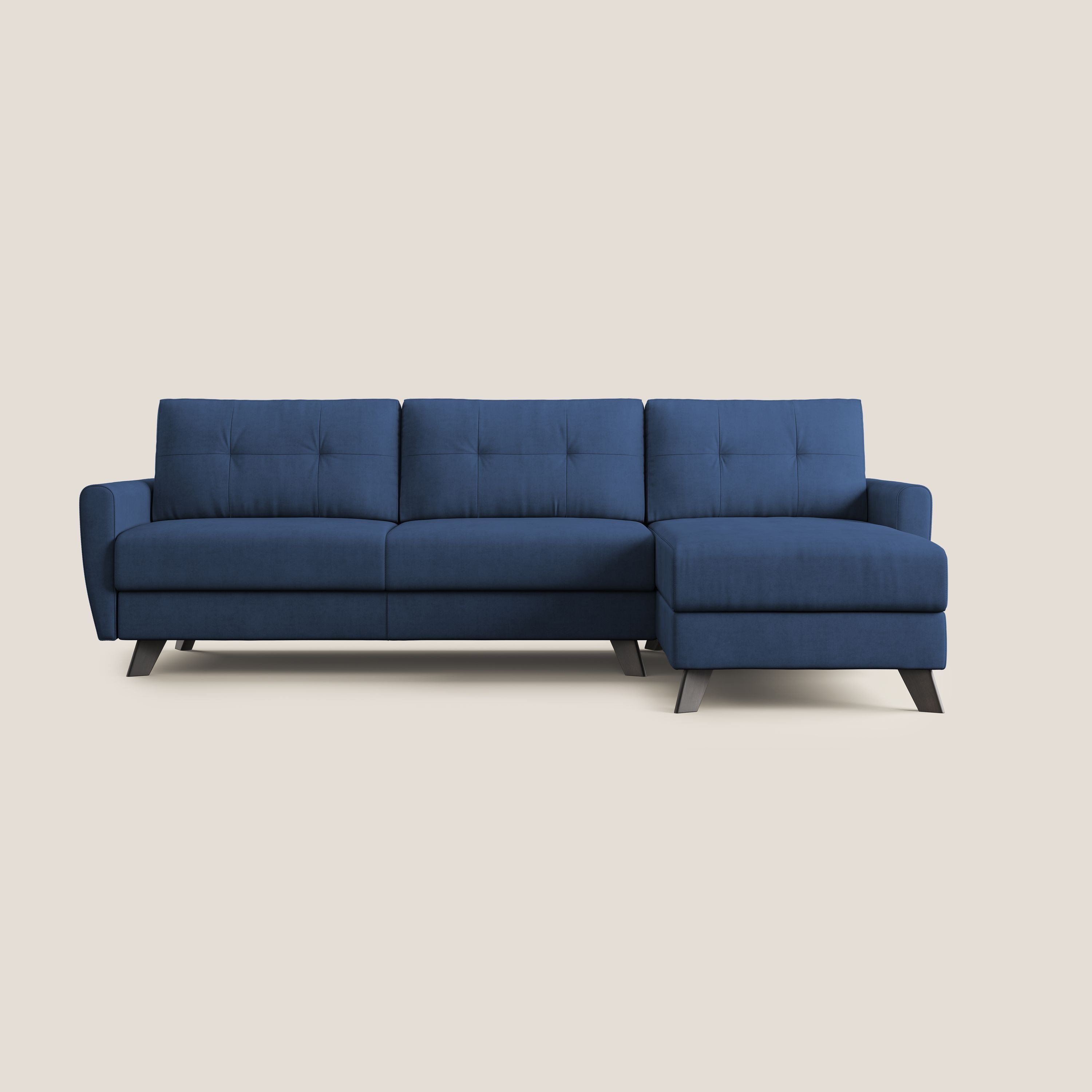 Callisto Divano letto angolare con penisola in tessuto morbido impermeabile T02 blu - divani.store