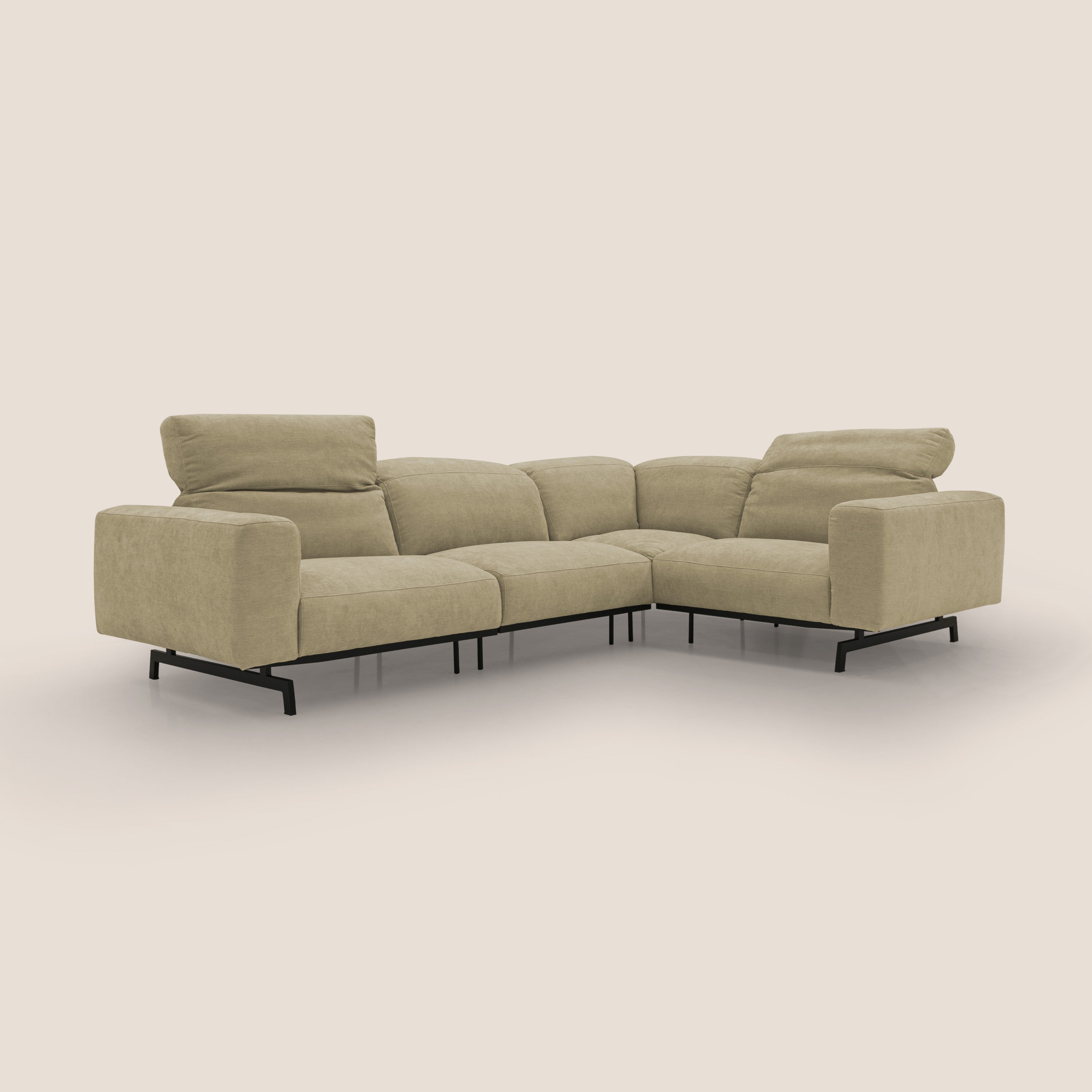 Sakura divano in piuma d'oca angolare REVERSIBILE in morbido tessuto fiammato impermeabile T14 beige - divani.store