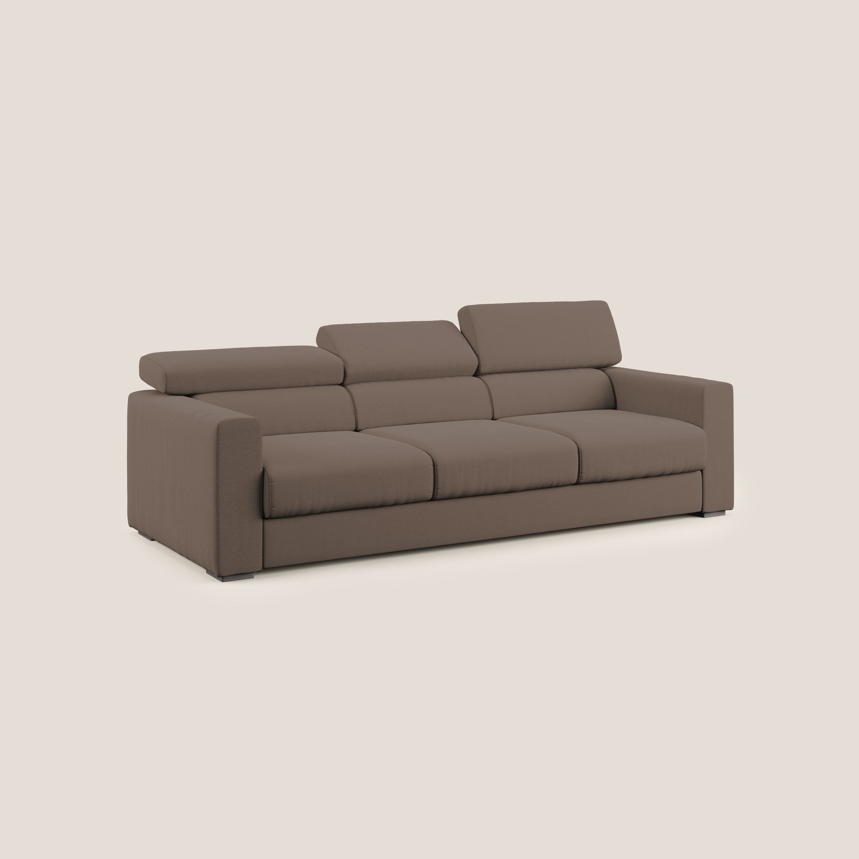 Dylan divano a 3 sedute con pouf estraibile poggiapiedi in tessuto fiammato simil cotone impermeabile T19 marrone - divani.store