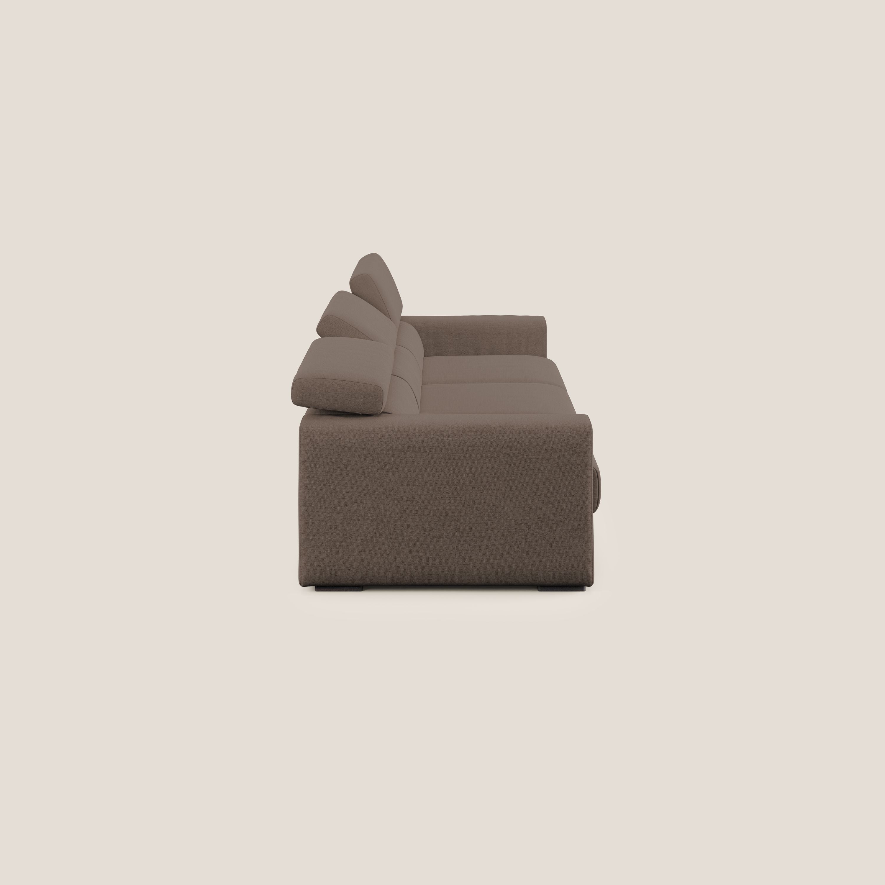 Dylan divano a 3 sedute con pouf estraibile poggiapiedi in tessuto fiammato simil cotone impermeabile T19 marrone - divani.store