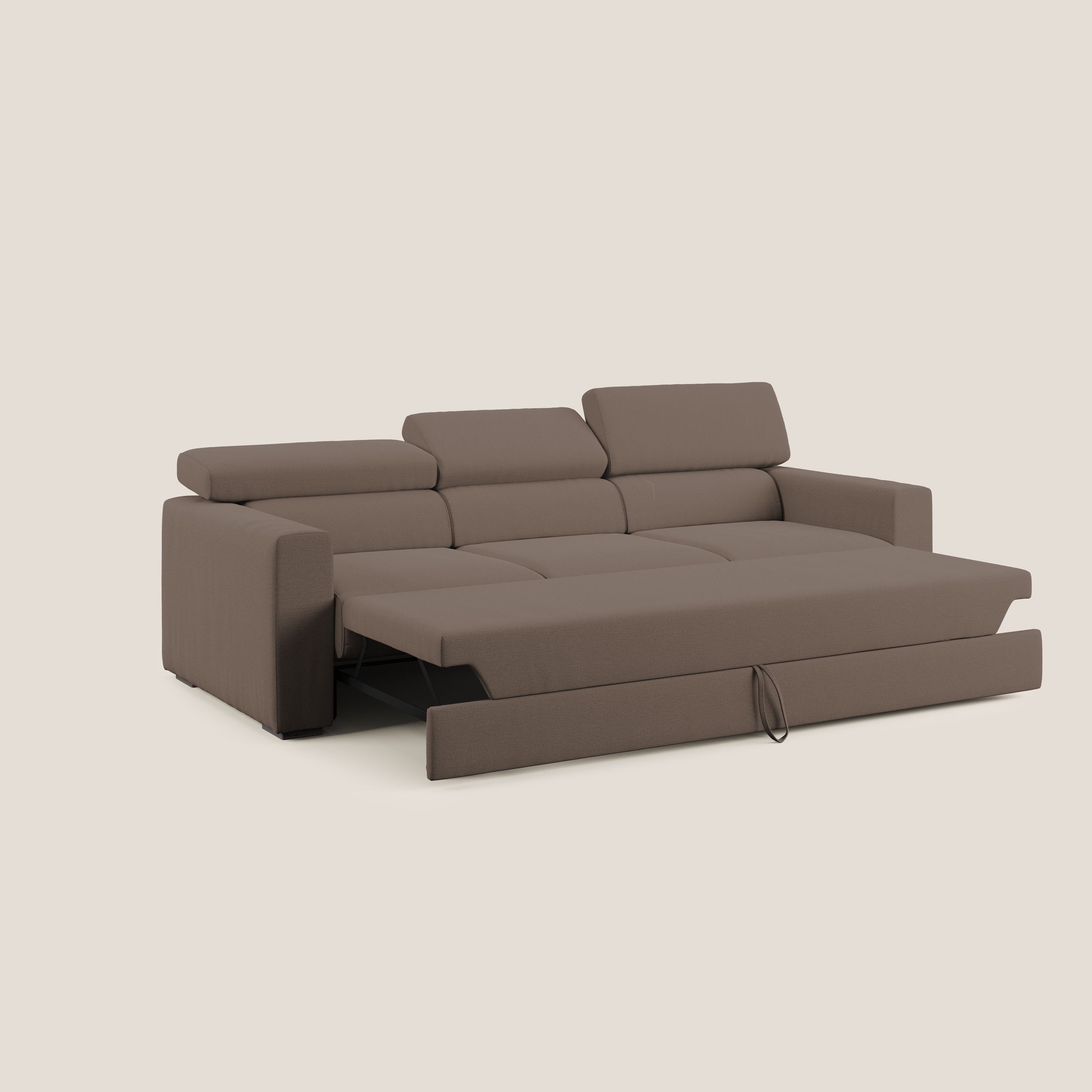 Dylan divano a 3 sedute con pouf estraibile poggiapiedi in tessuto fiammato simil cotone impermeabile T19 marrone - divani.store