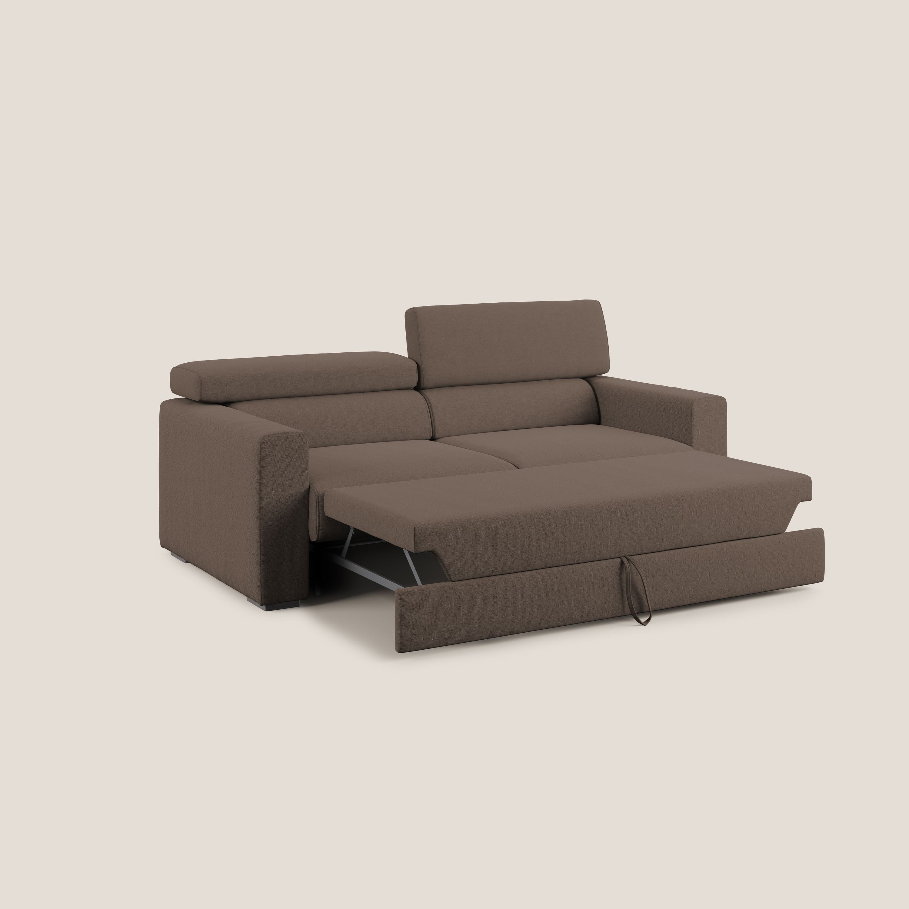 Dylan divano allungabile con pouf estraibile poggiapiedi in tessuto fiammato simil cotone impermeabile T19 marrone - divani.store