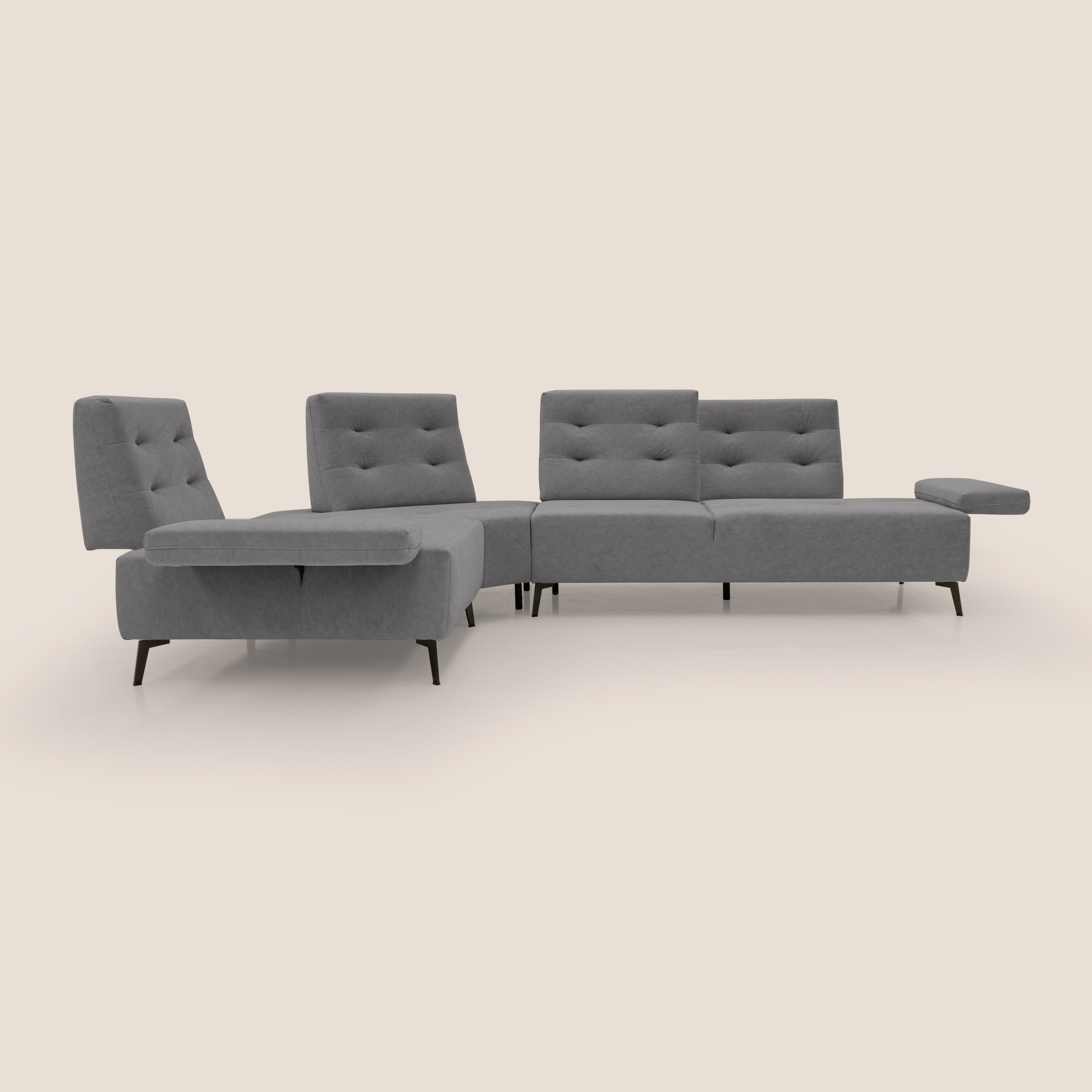 Lugano Divano angolare con schienali traslanti in microfibra effetto velluto T09 grigio - divani.store