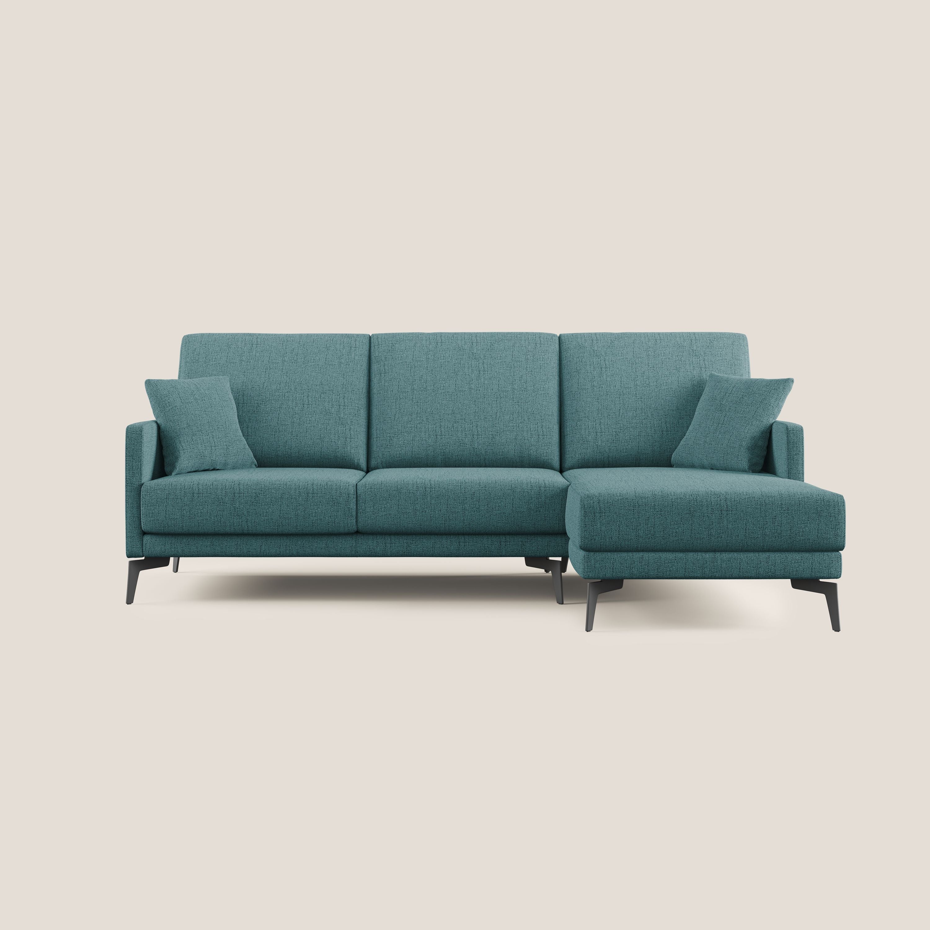 Saturno divano angolare moderno in tessuto morbido impermeabile T03 azzurro - divani.store