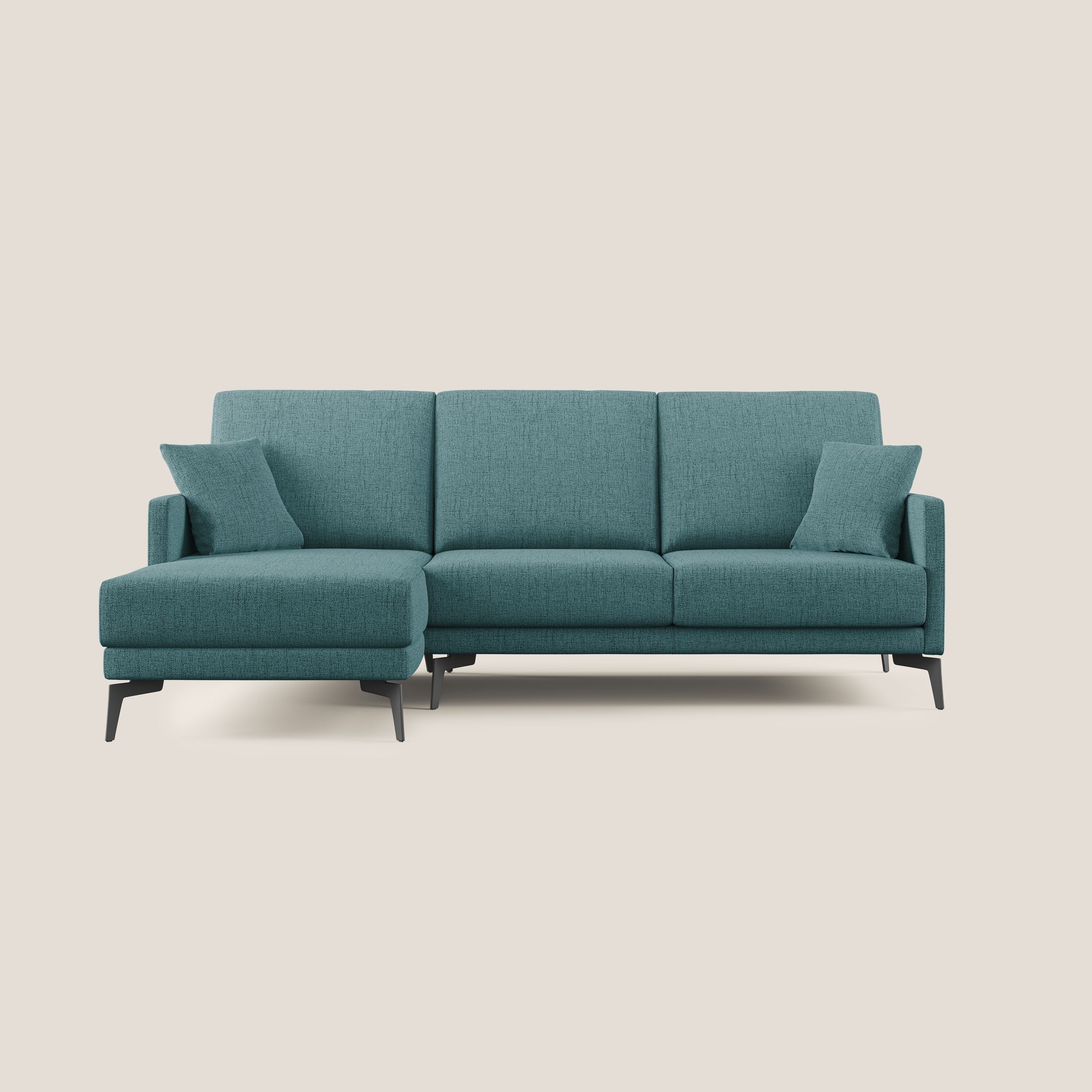 Saturno divano angolare moderno in tessuto morbido impermeabile T03 azzurro - divani.store