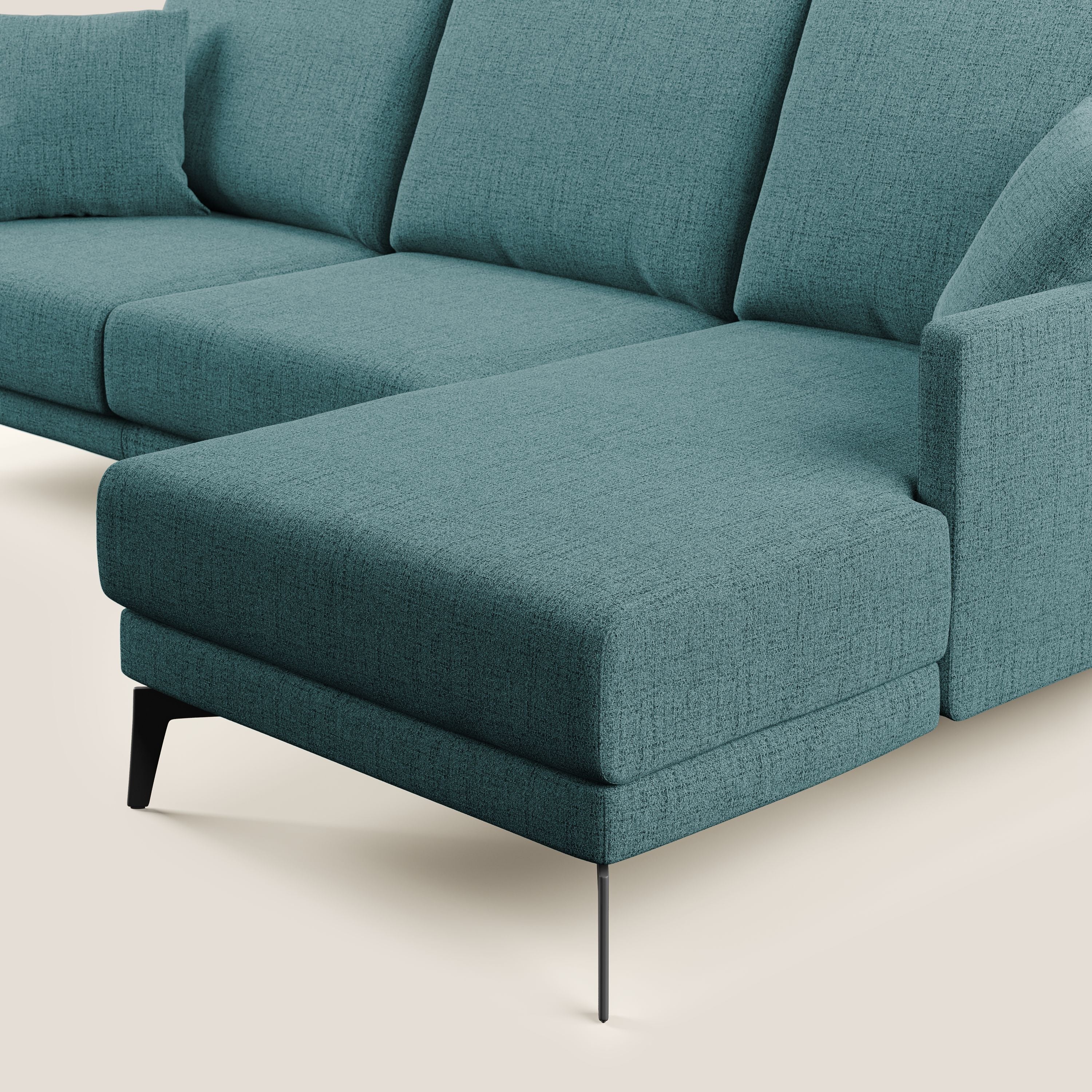 Saturno divano angolare moderno in tessuto morbido impermeabile T03 azzurro - divani.store