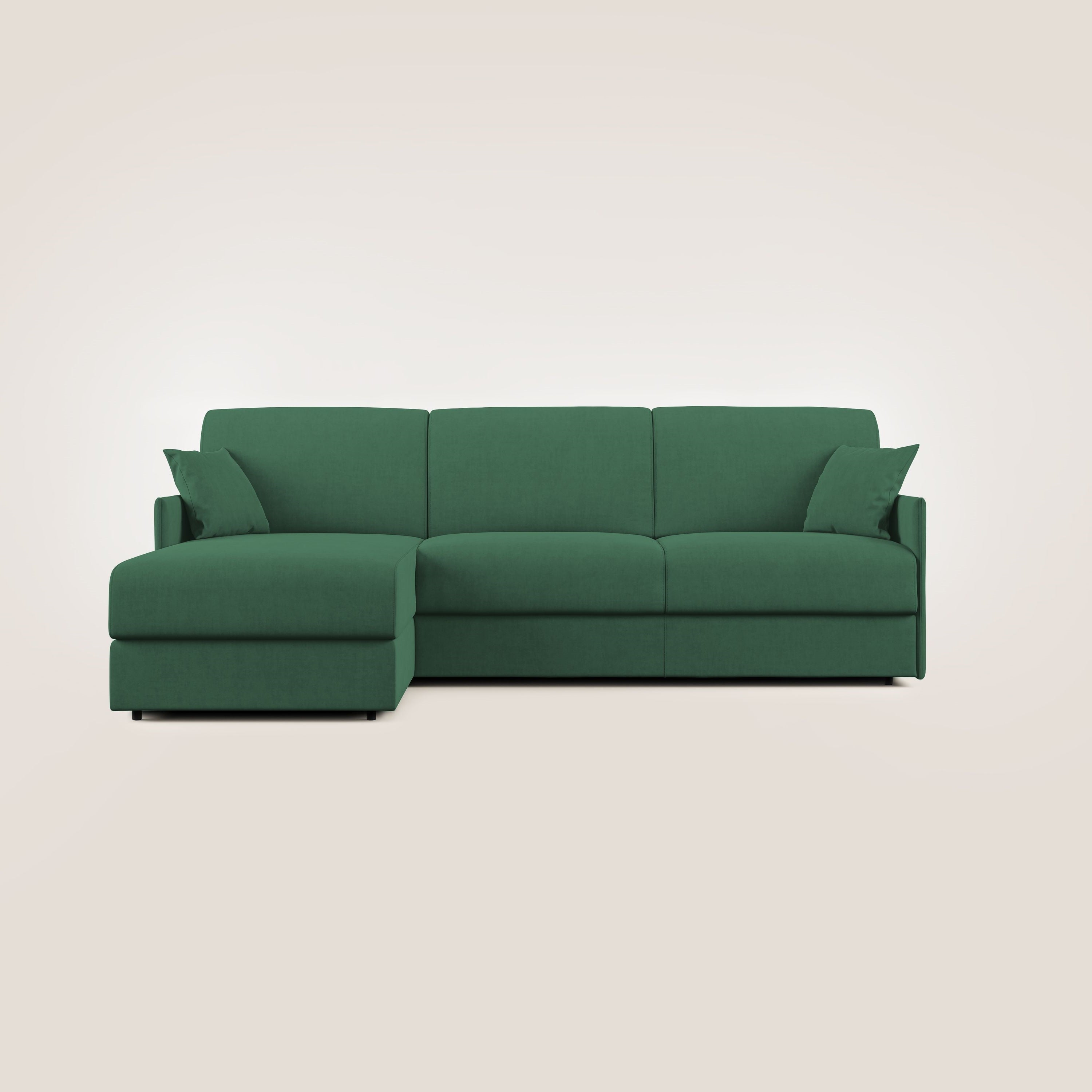 Evans Divano letto angolare con penisola in morbido tessuto impermeabile T02 verde - divani.store