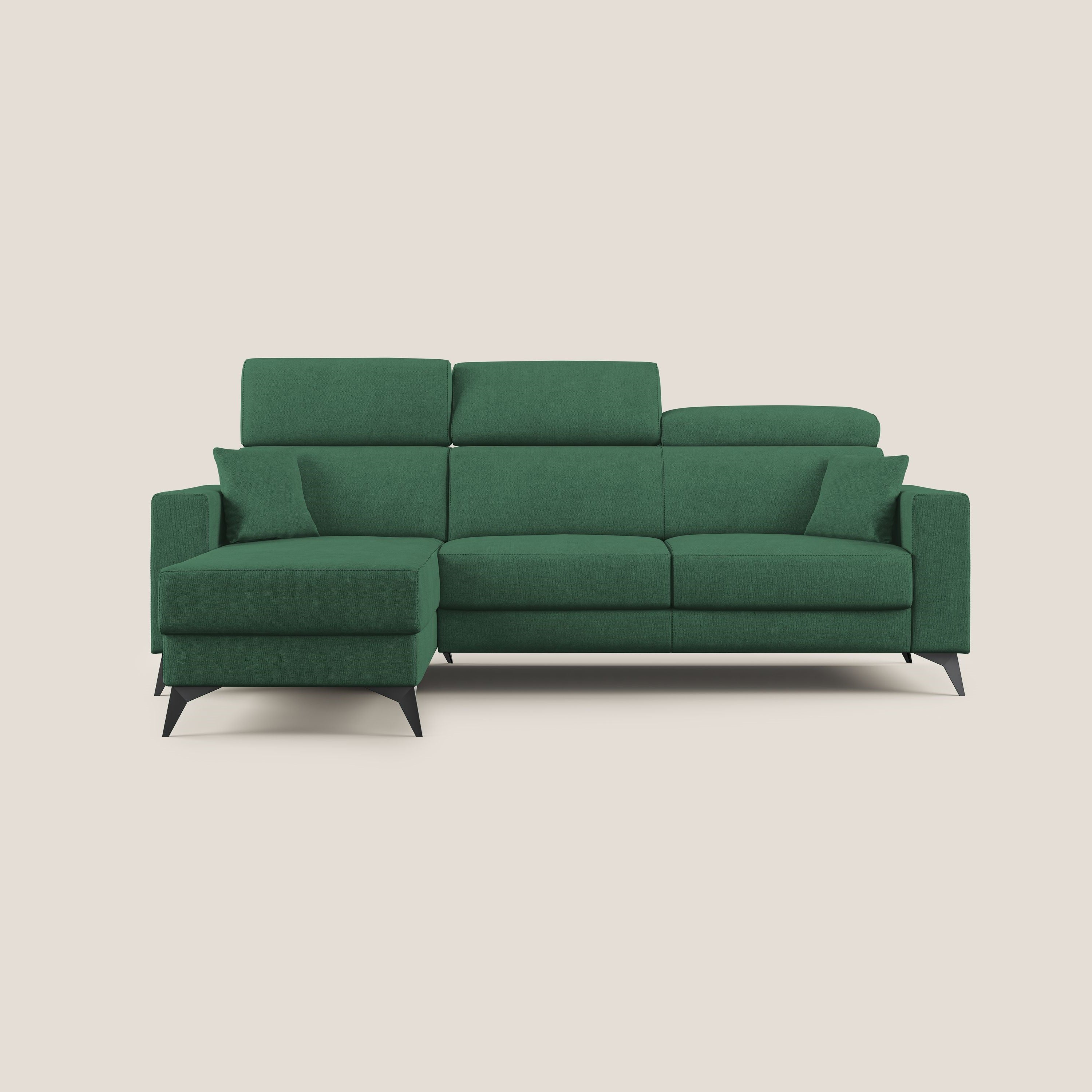 Pegaso divano letto angolare con poggiatesta reclinabili e rivestimento impermeabile T02 verde - divani.store