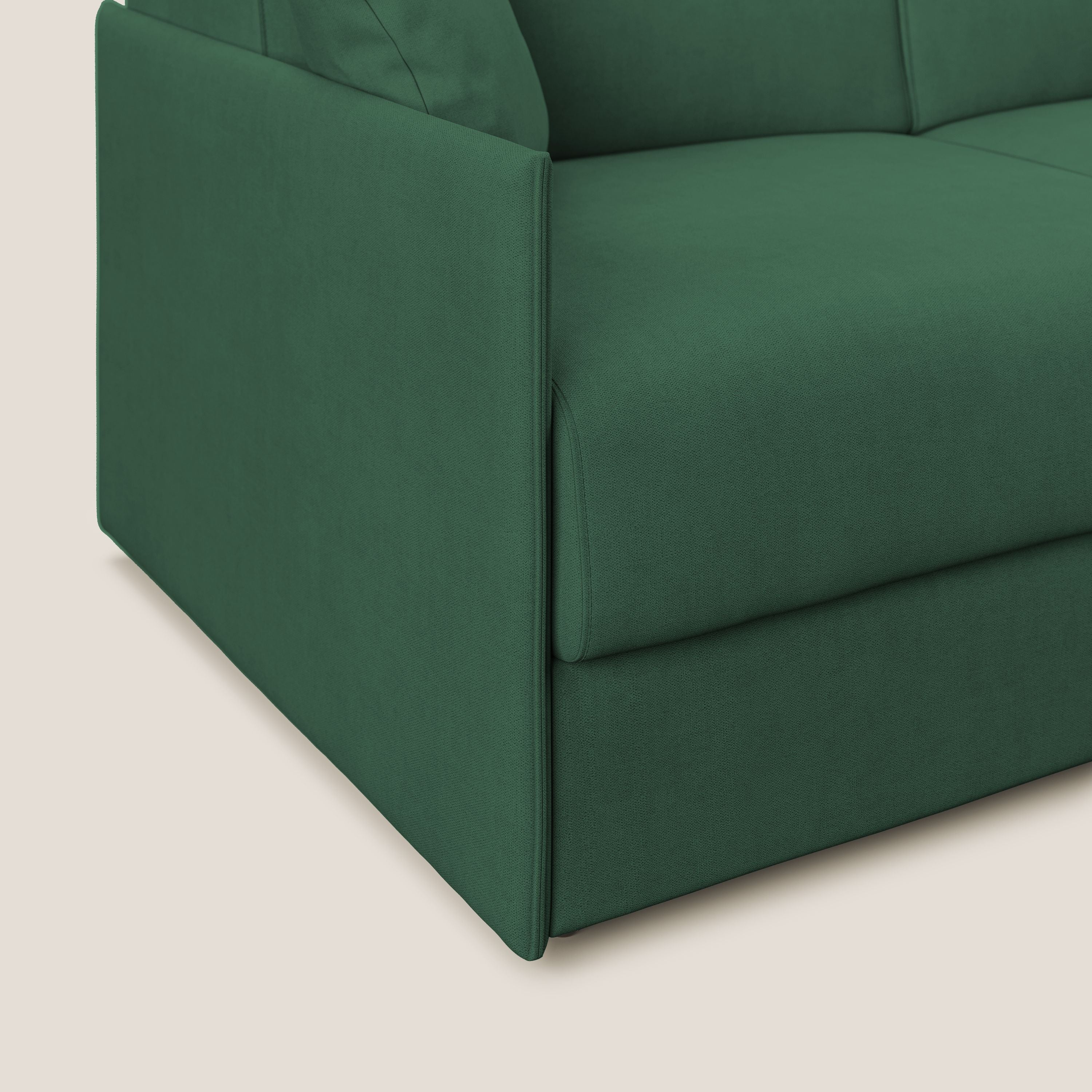 Evans Divano letto angolare con penisola in morbido tessuto impermeabile T02 verde - divani.store