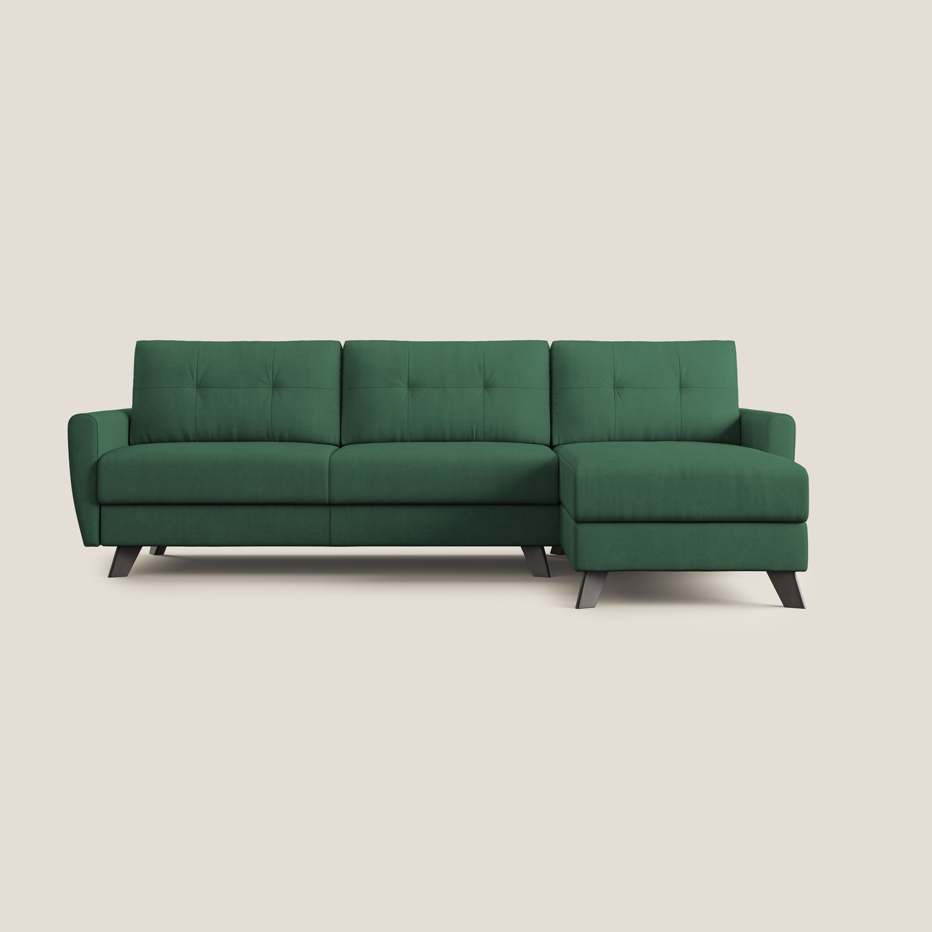 Callisto Divano letto angolare con penisola in tessuto morbido impermeabile T02 verde - divani.store