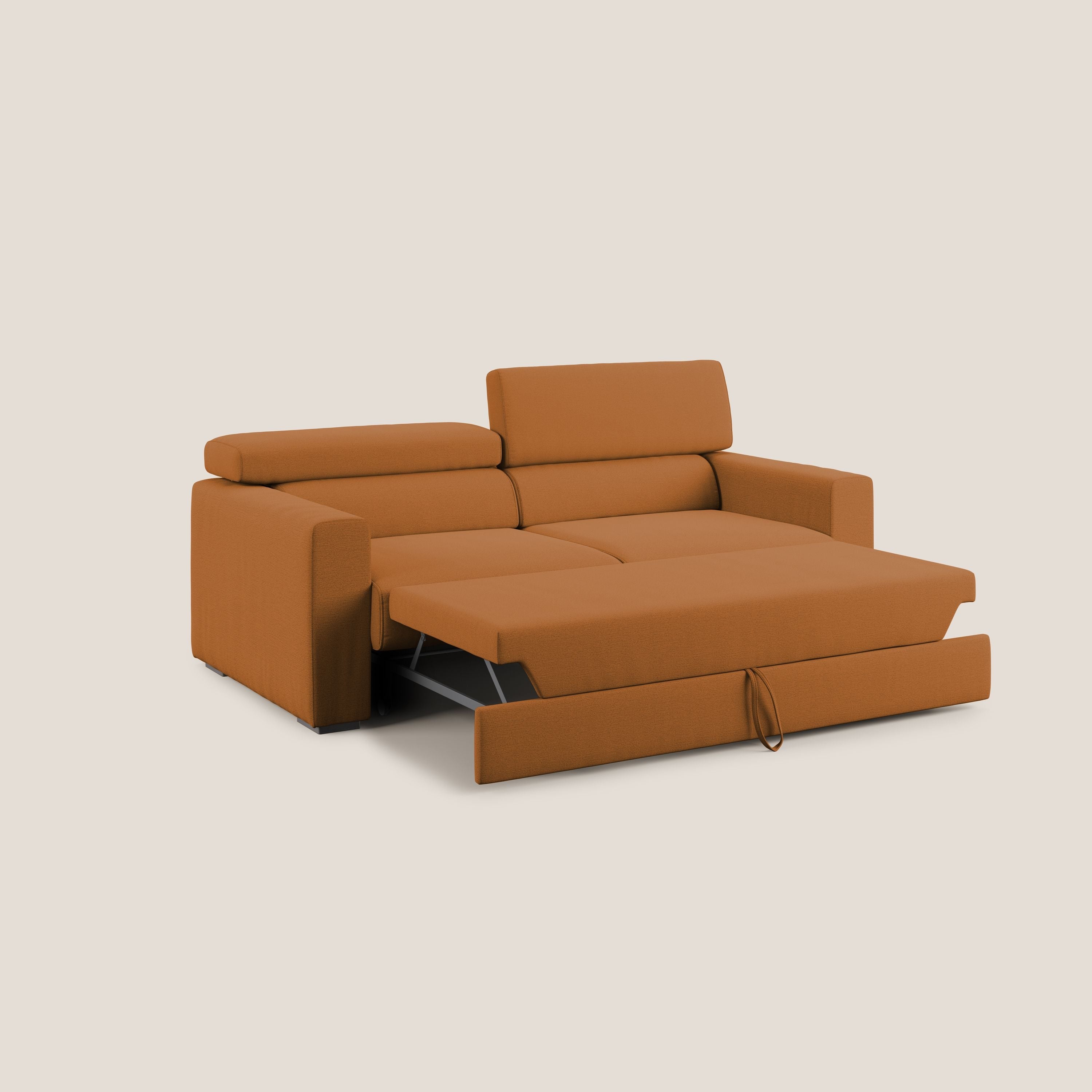 Dylan divano allungabile con pouf estraibile poggiapiedi in tessuto fiammato simil cotone impermeabile T19 arancio - divani.store