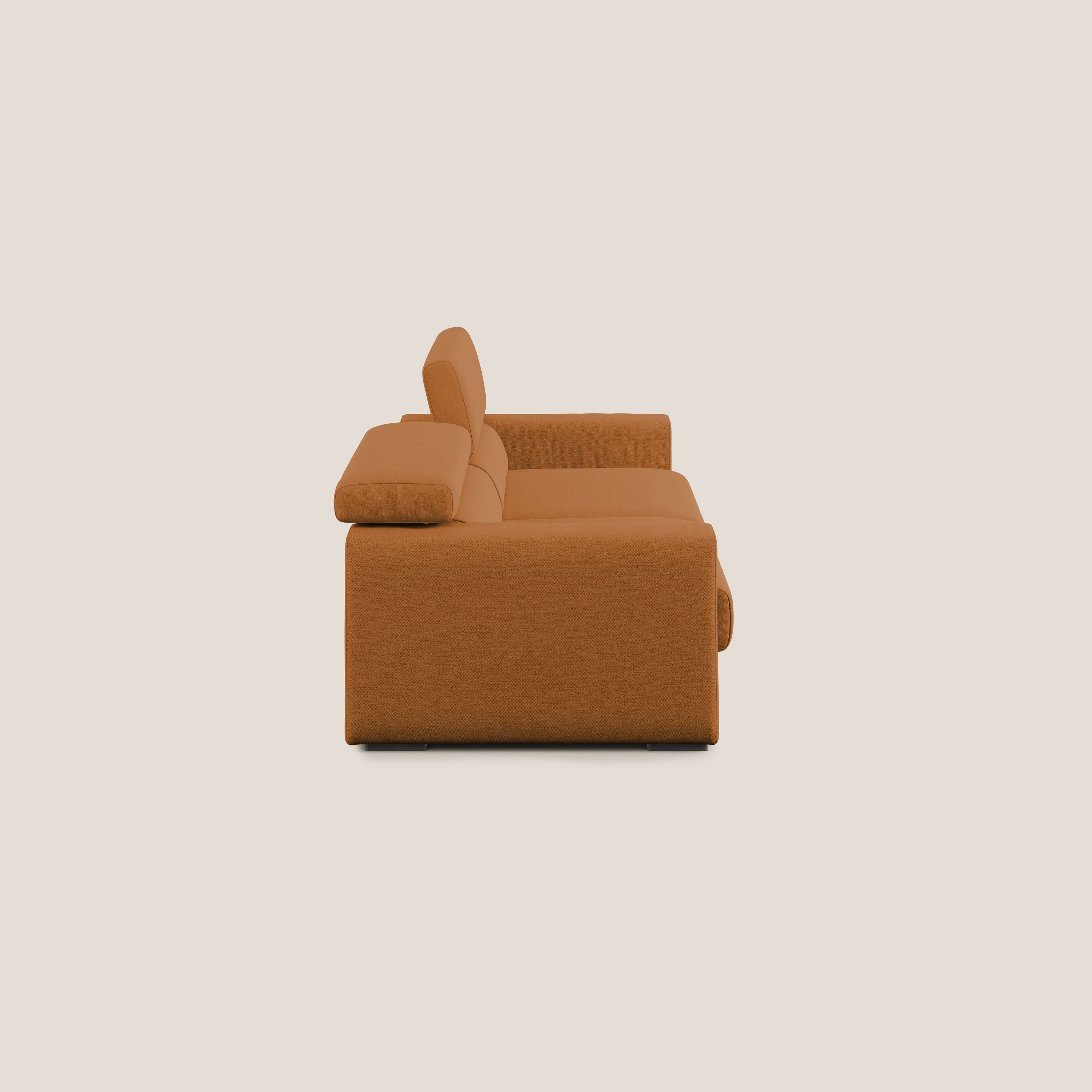Dylan divano allungabile con pouf estraibile poggiapiedi in tessuto fiammato simil cotone impermeabile T19 arancio - divani.store