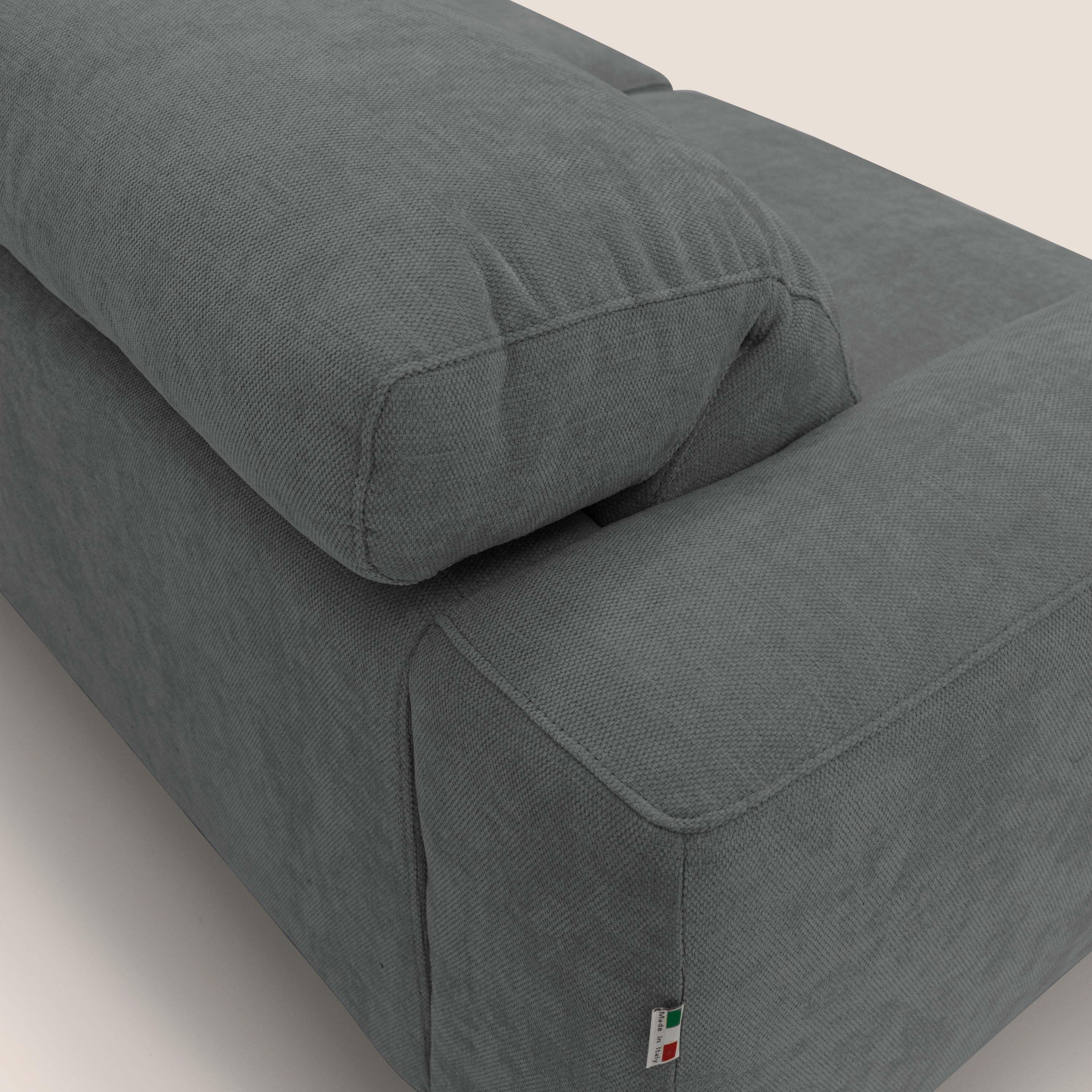 Sakura divano in piuma d'oca angolare REVERSIBILE in morbido tessuto fiammato impermeabile T14 grigio - divani.store