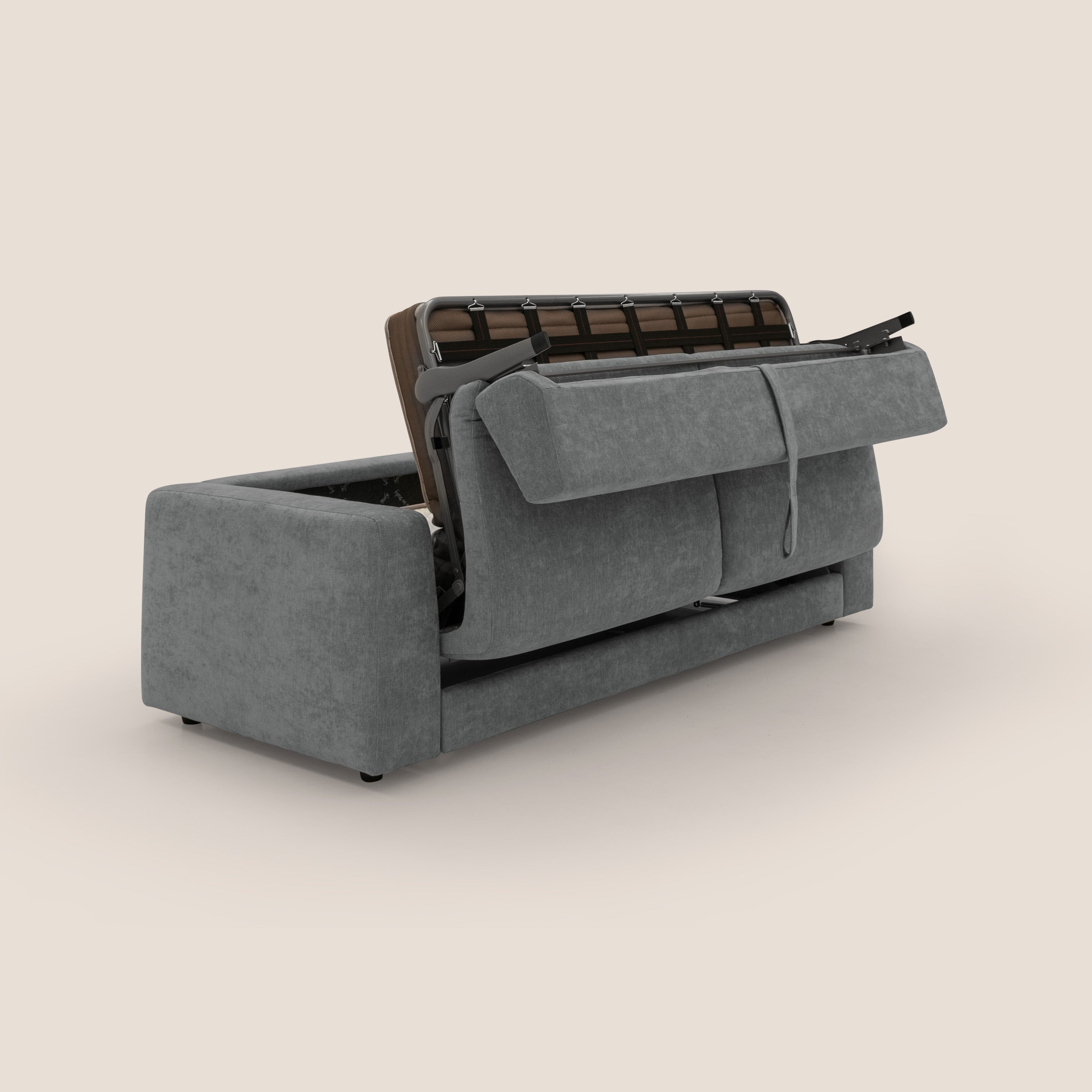 Freia Divano letto minimal materasso h15 cm con morbidi schienali in tessuto impermeabile T14 grigio - divani.store