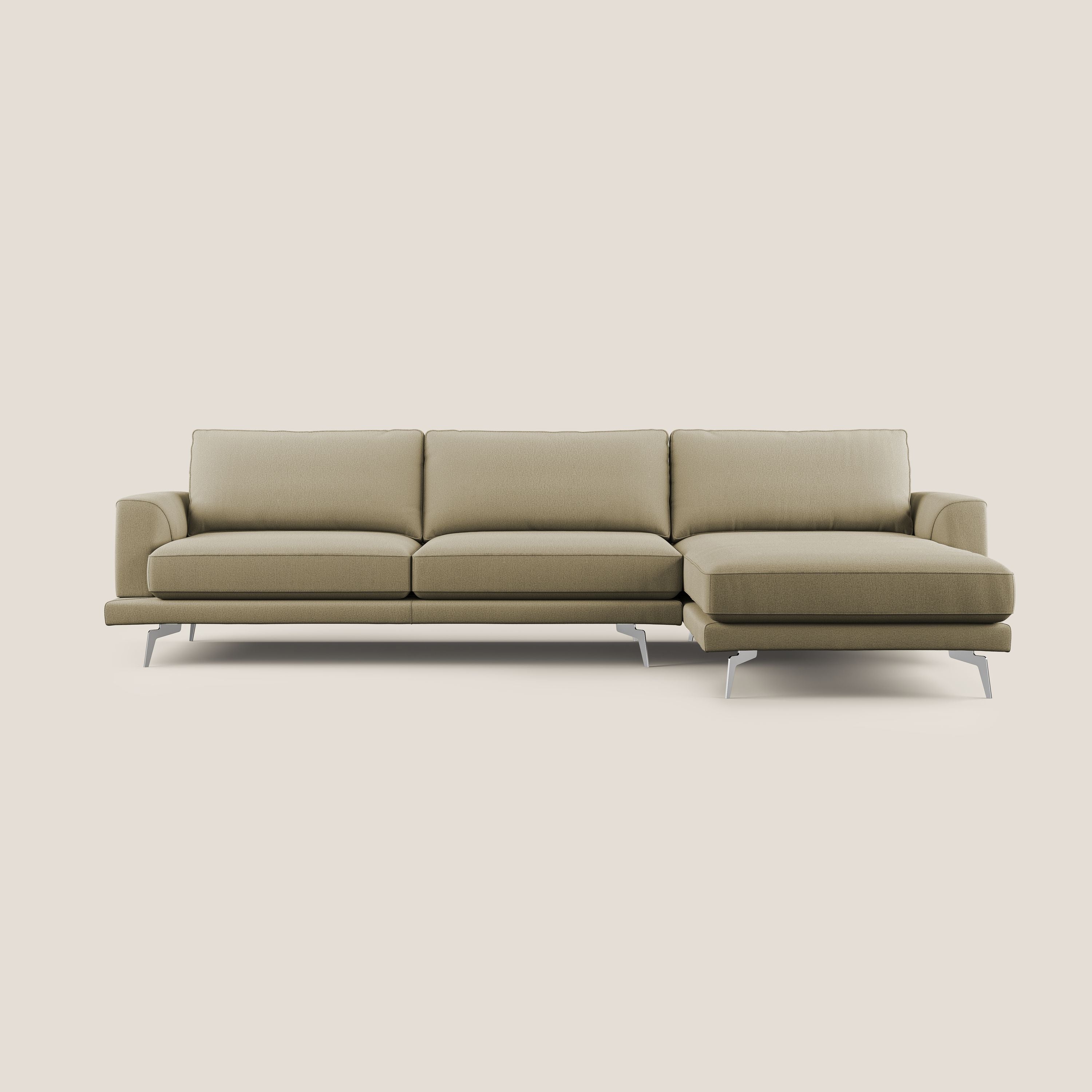 Dorian divano moderno angolare con penisola in tessuto morbido antimacchia T05 cammello - divani.store