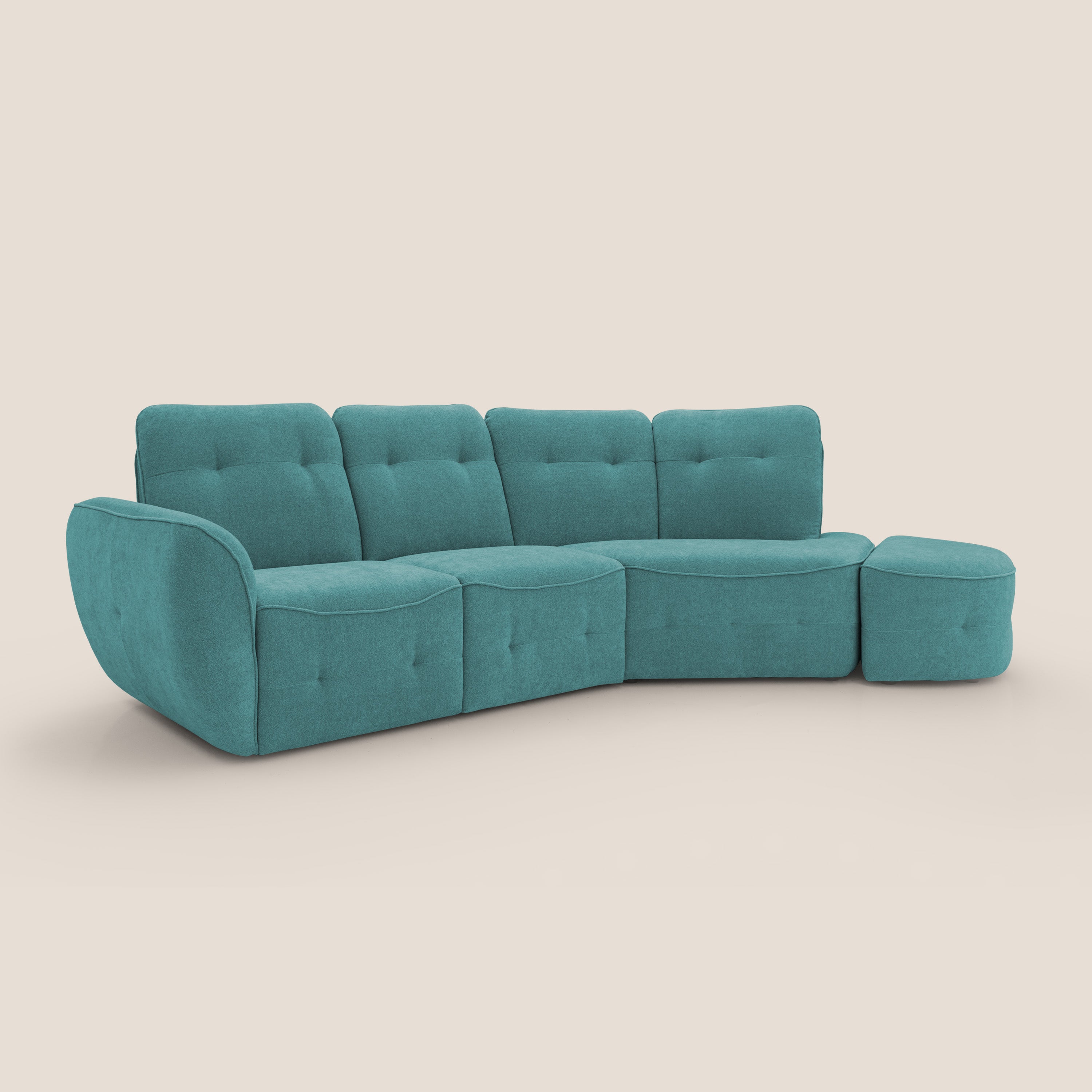 Cerbero divano angolare con pouf mobile in morbido bouclé impermeabile T07 azzurro - divani.store