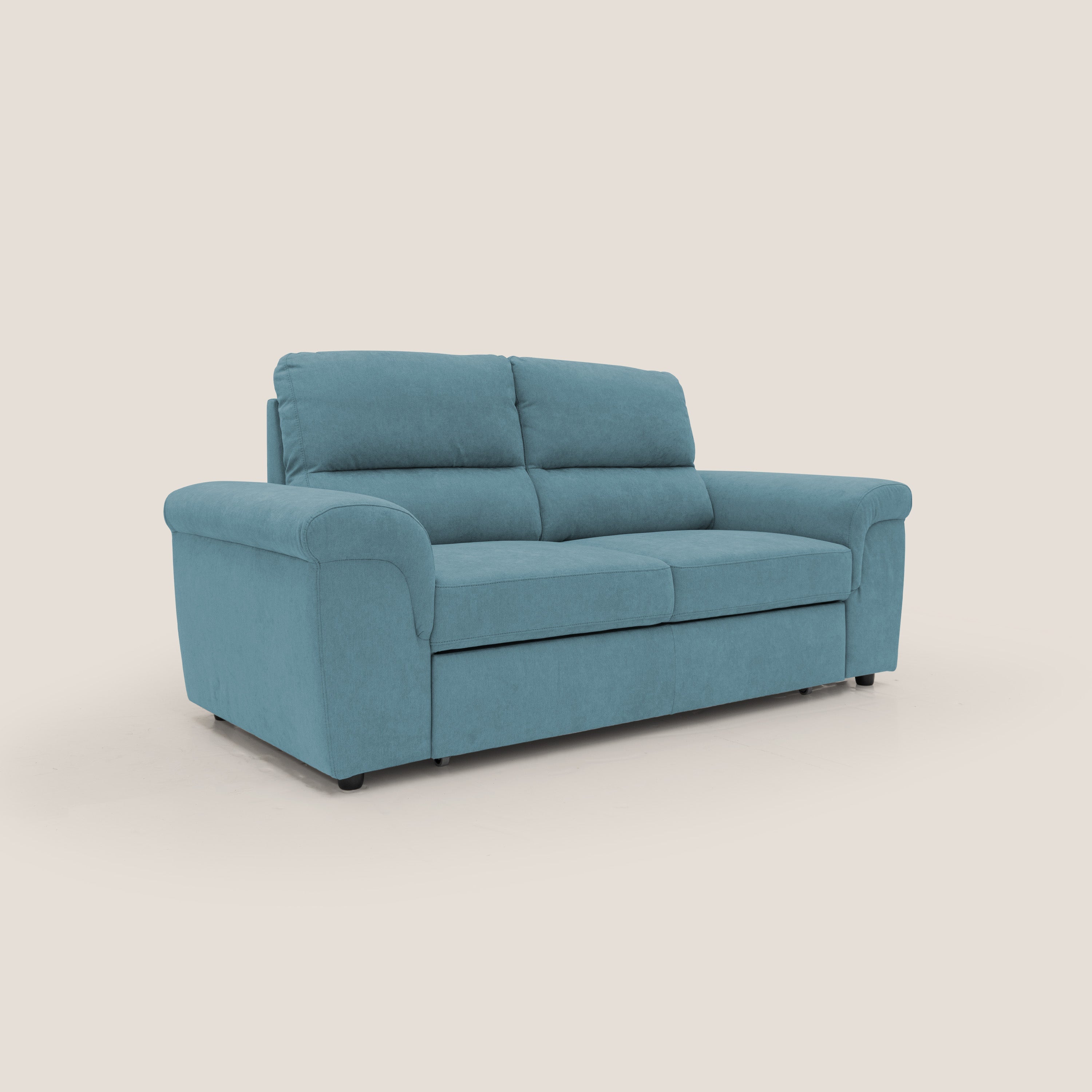 Minerva divano con pouf estraibile poggiapiedi in tessuto morbido impermeabile T02 azzurro - divani.store