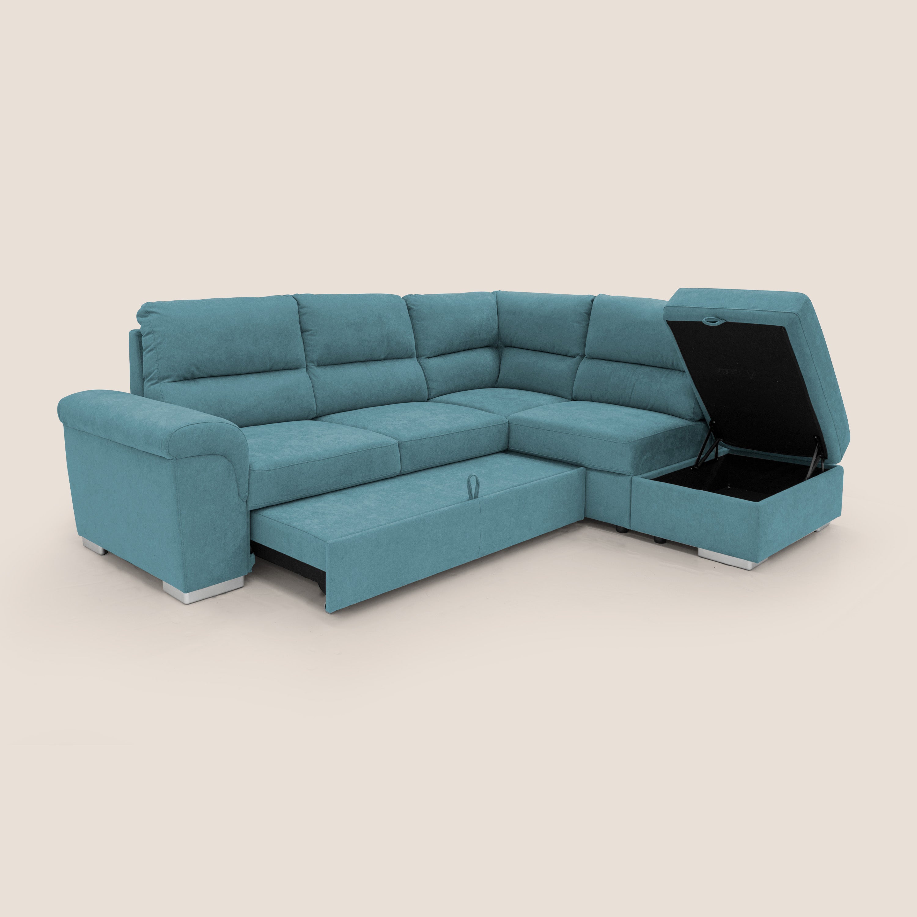 Minerva divano angolare con estraibile a cassettone e pouf contenitore in tessuto morbido impermeabile T02 azzurro - divani.store