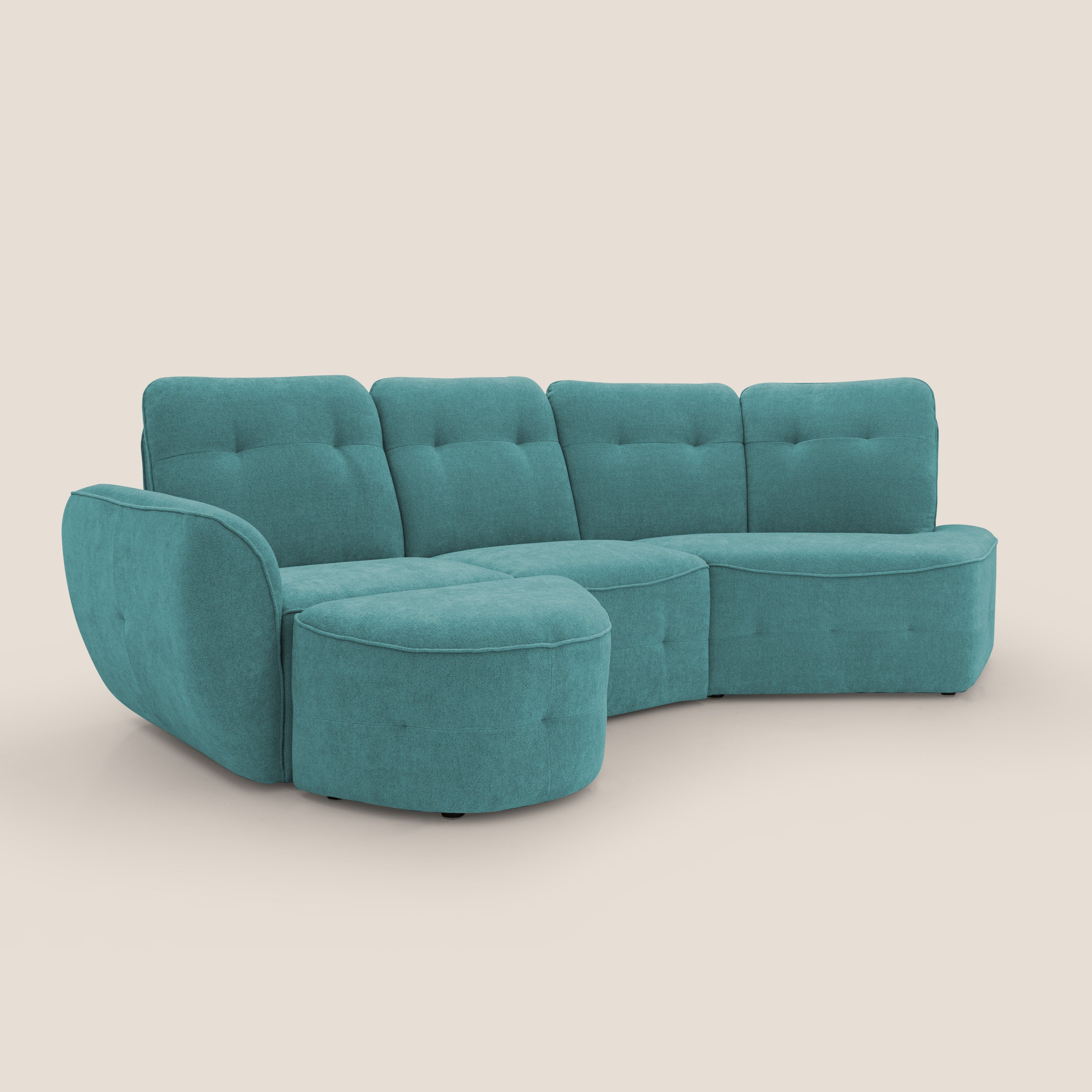 Cerbero divano angolare con pouf mobile in morbido bouclé impermeabile T07 azzurro - divani.store