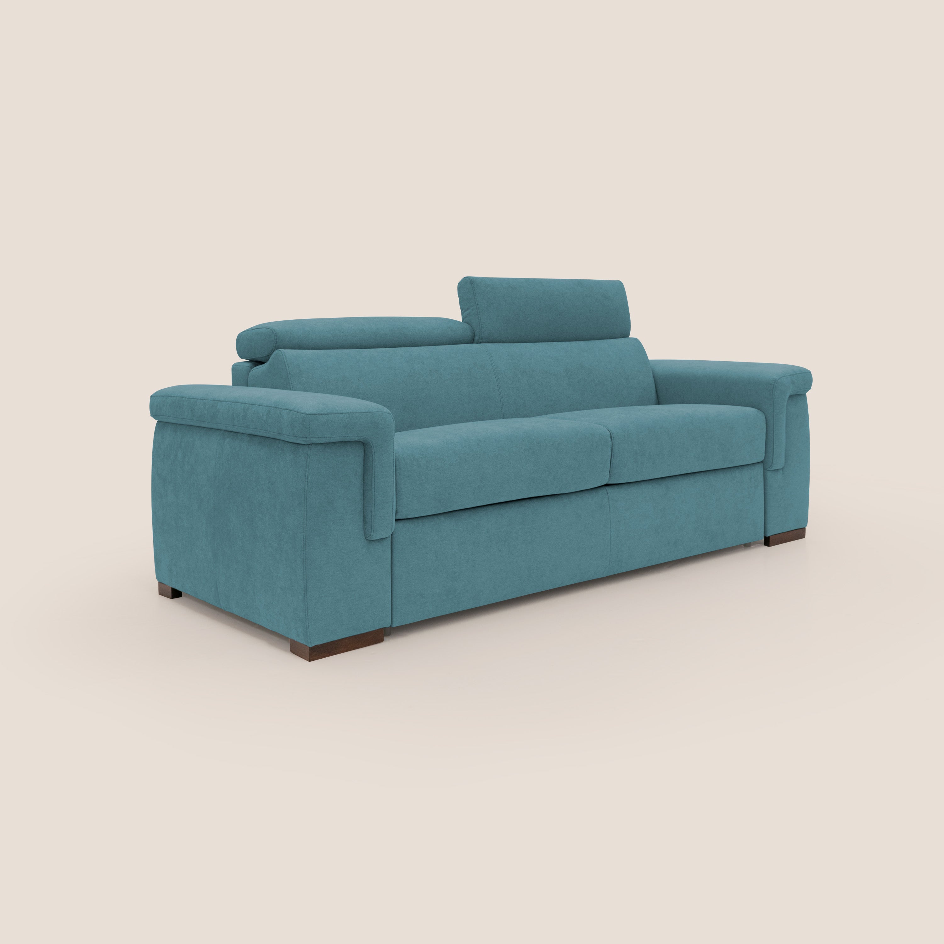 Giunone divano letto con materasso alto 18 cm e poggiatesta reclinabili in tessuto impermeabile T02 azzurro - divani.store