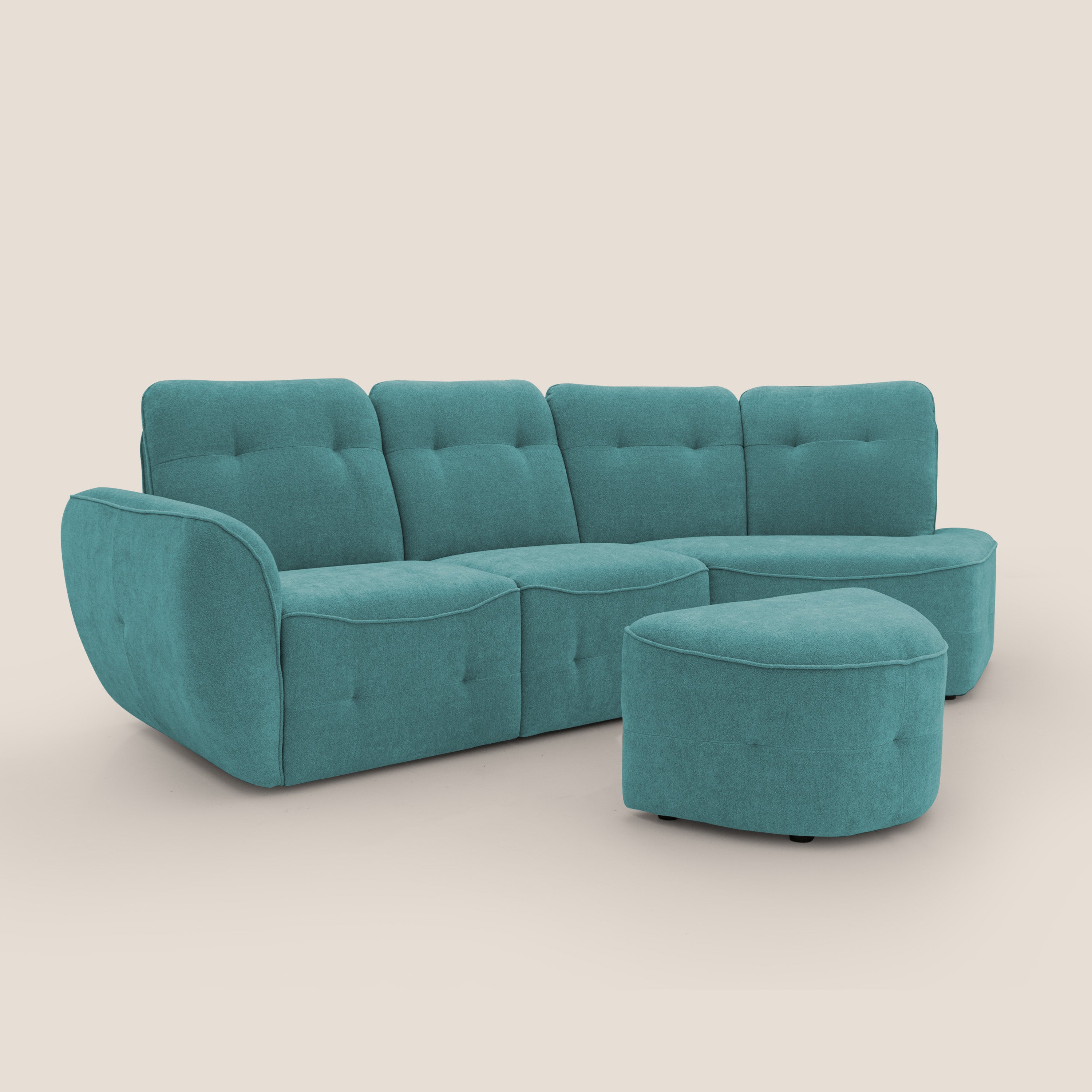 Cerbero divano angolare con pouf mobile in morbido bouclé impermeabile T07 azzurro - divani.store