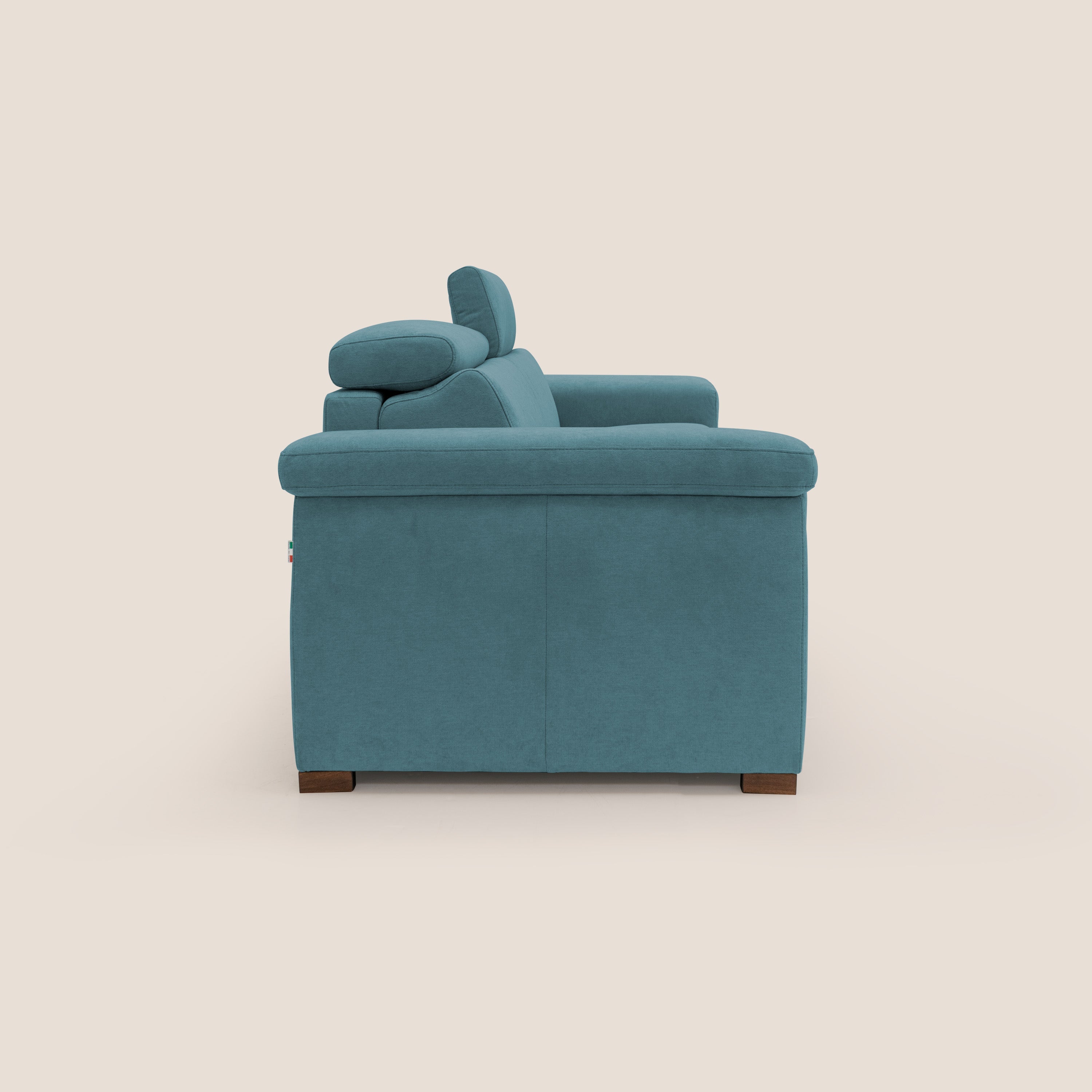 Giunone divano letto con materasso alto 18 cm e poggiatesta reclinabili in tessuto impermeabile T02 azzurro - divani.store