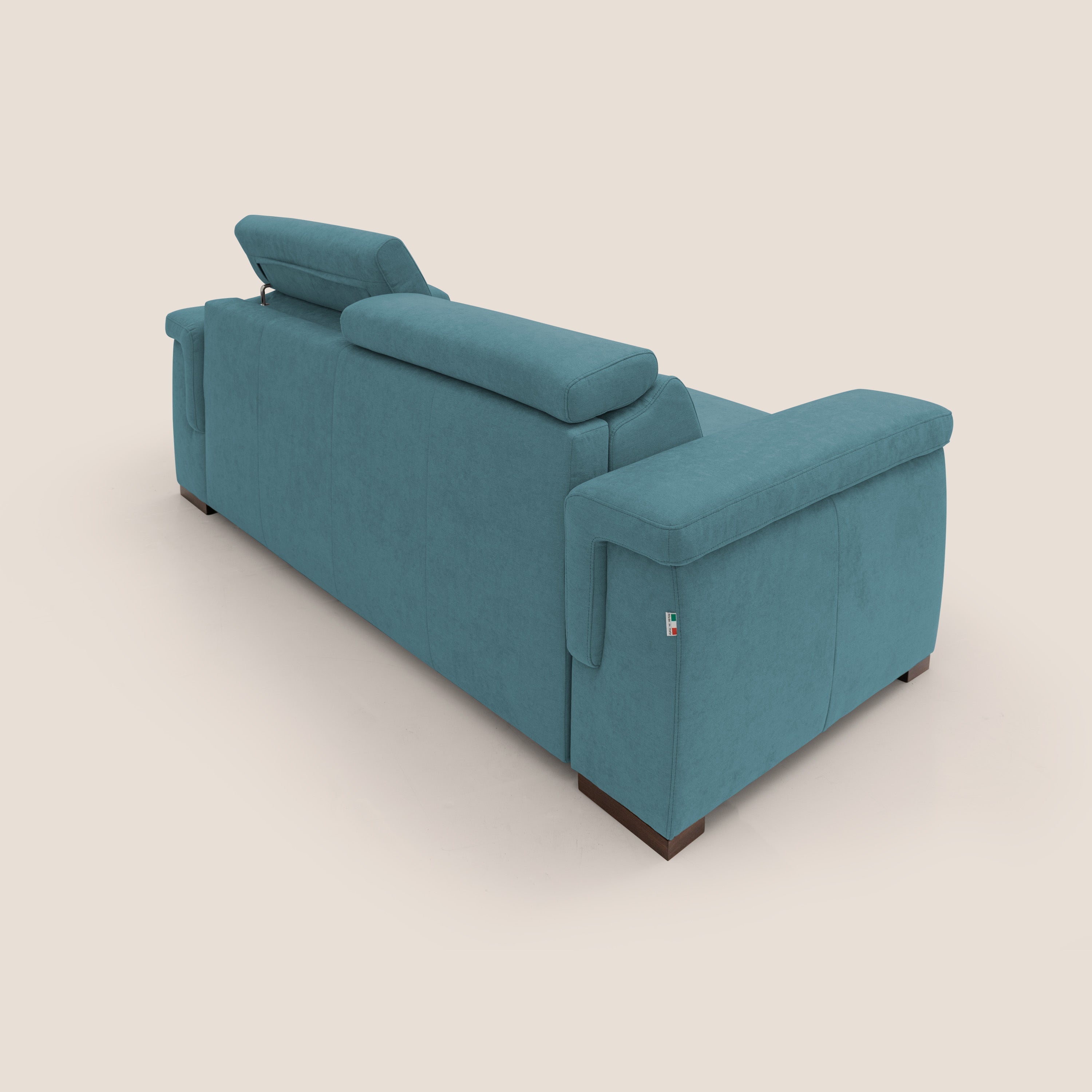 Giunone divano letto con materasso alto 18 cm e poggiatesta reclinabili in tessuto impermeabile T02 azzurro - divani.store