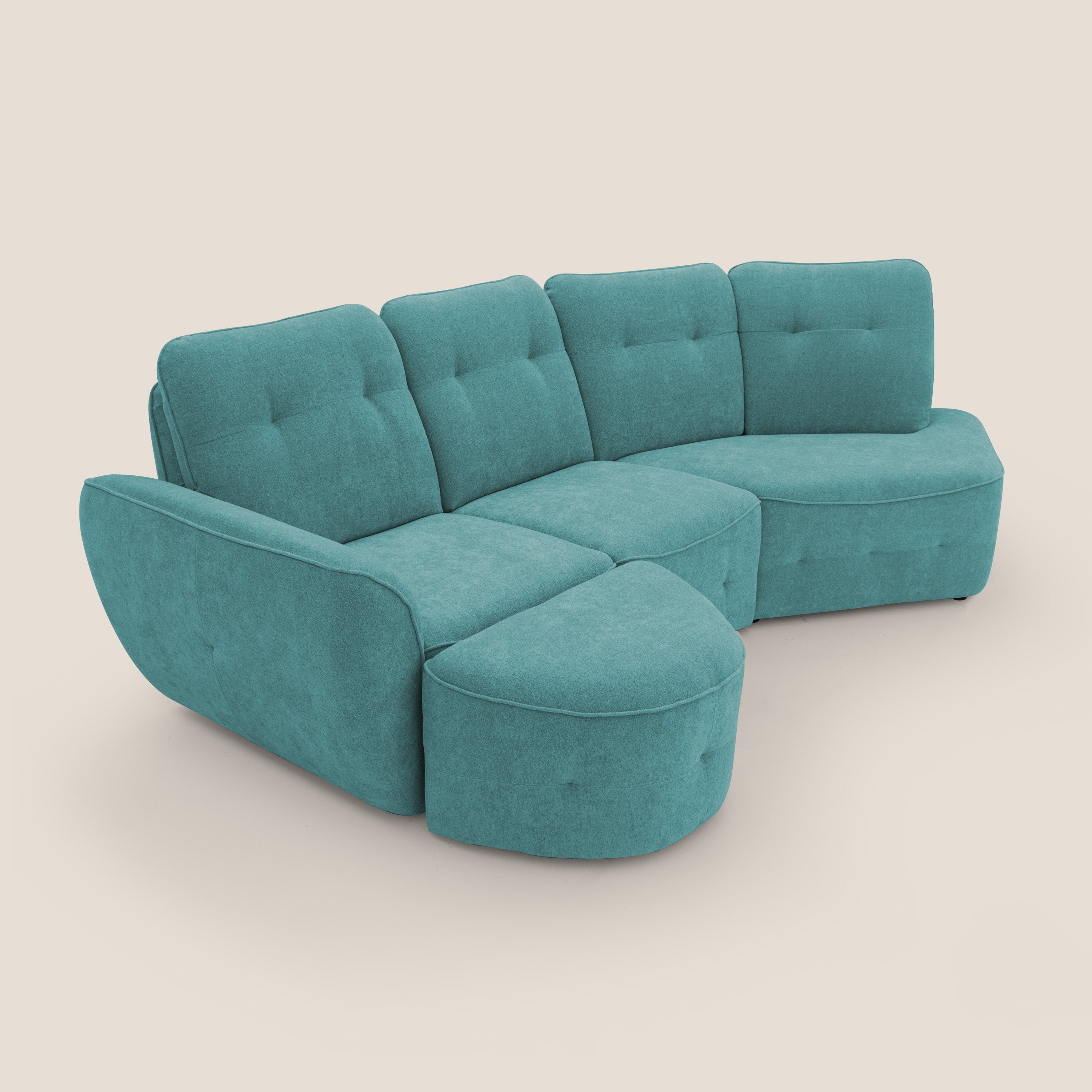 Cerbero divano angolare con pouf mobile in morbido bouclé impermeabile T07 azzurro - divani.store
