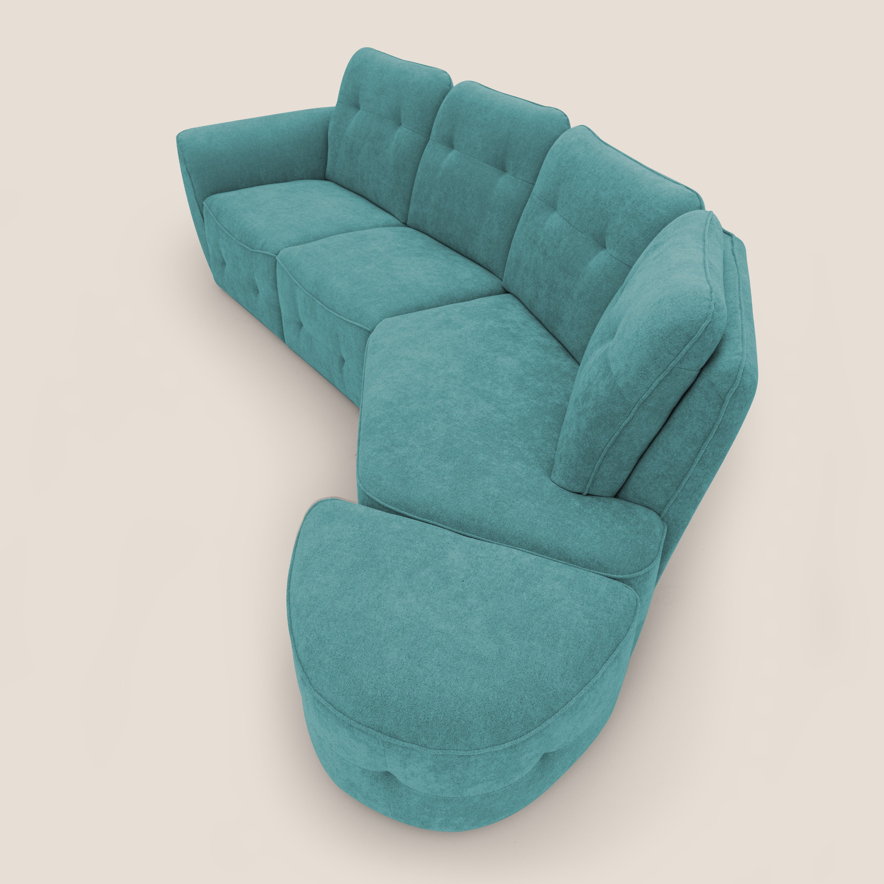 Cerbero divano angolare con pouf mobile in morbido bouclé impermeabile T07 azzurro - divani.store