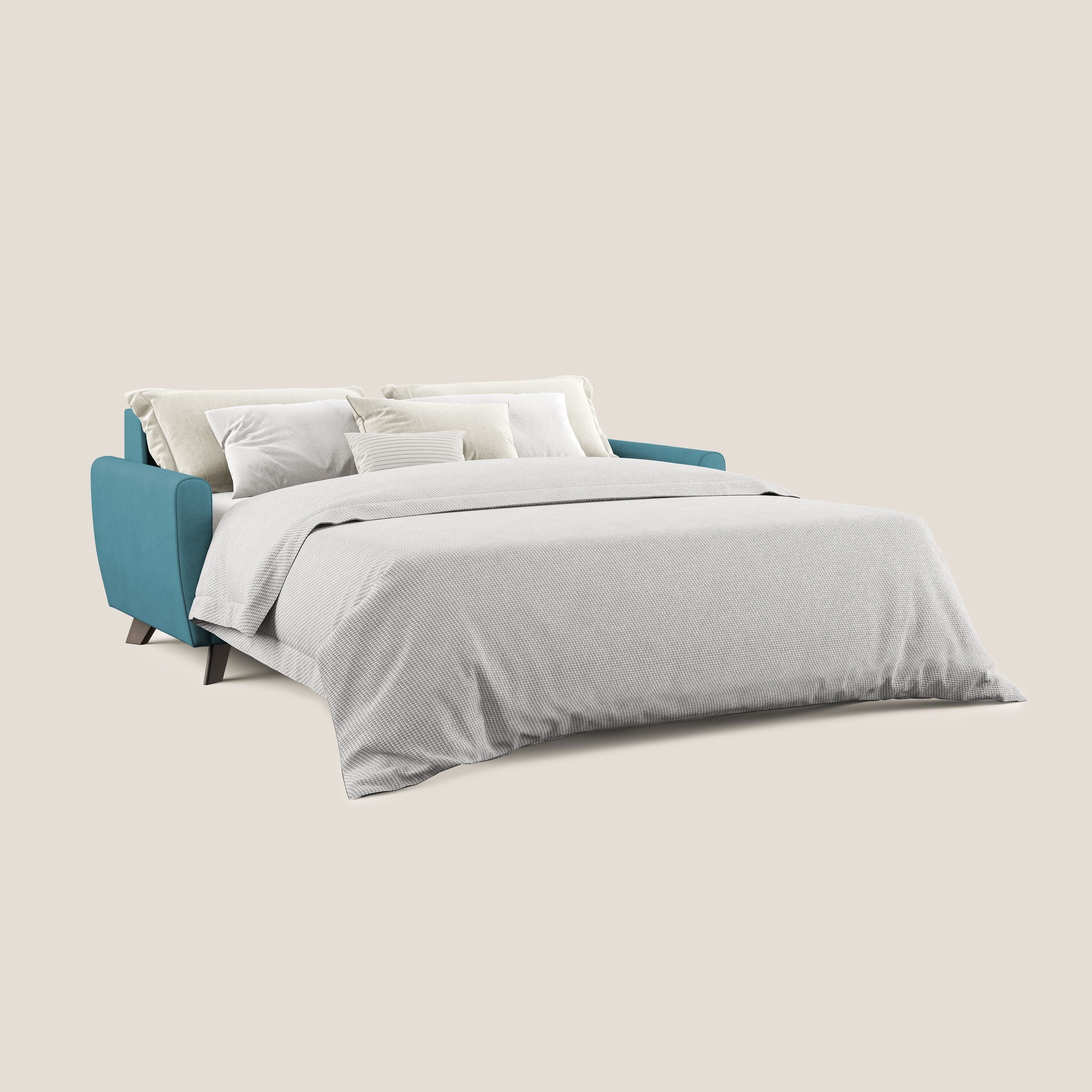 Callisto Divano letto matrimoniale in tessuto morbido impermeabile T02 azzurro - divani.store