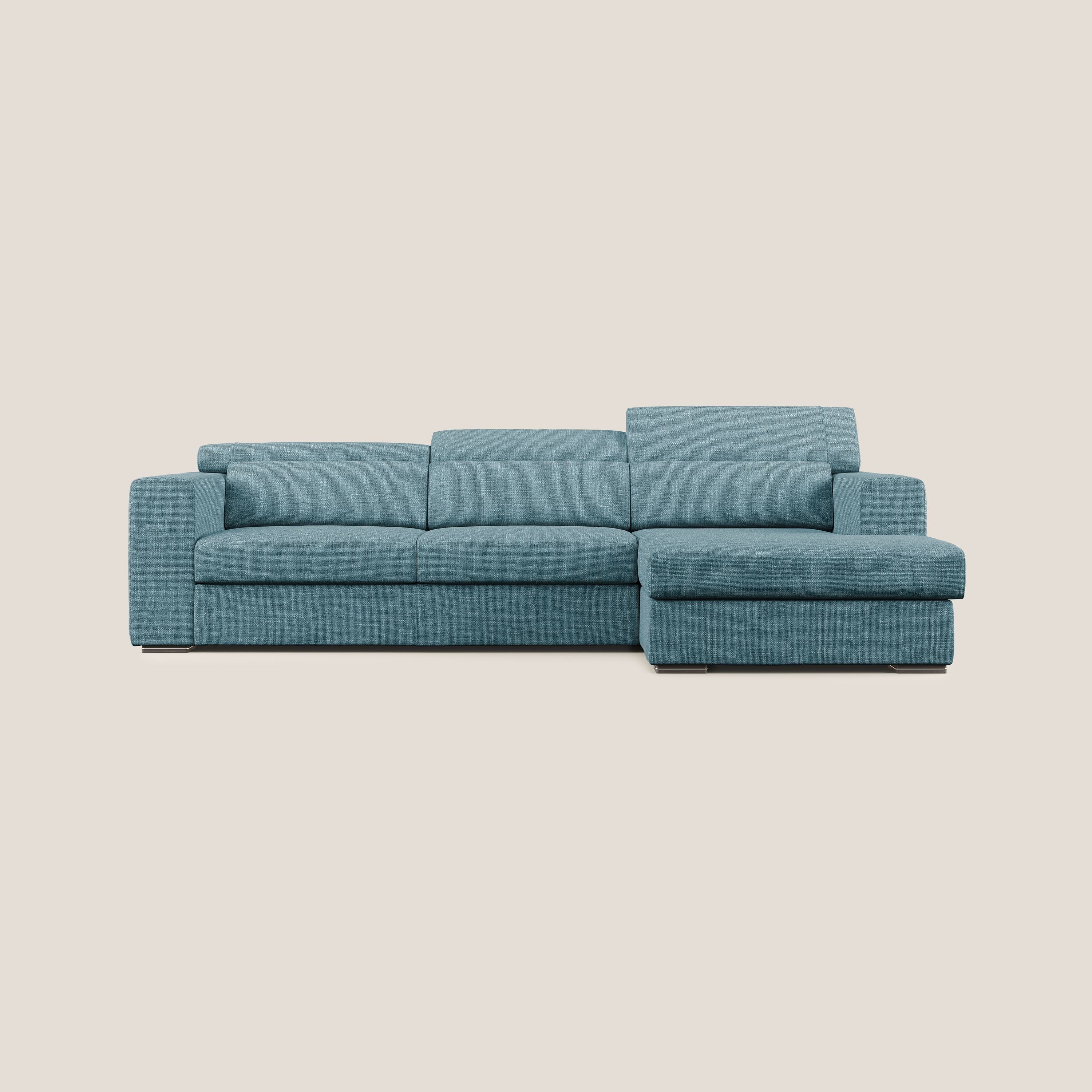 Vegas divano angolare con poggiatesta reclinabili in morbido tessuto impermeabile T06 azzurro - divani.store