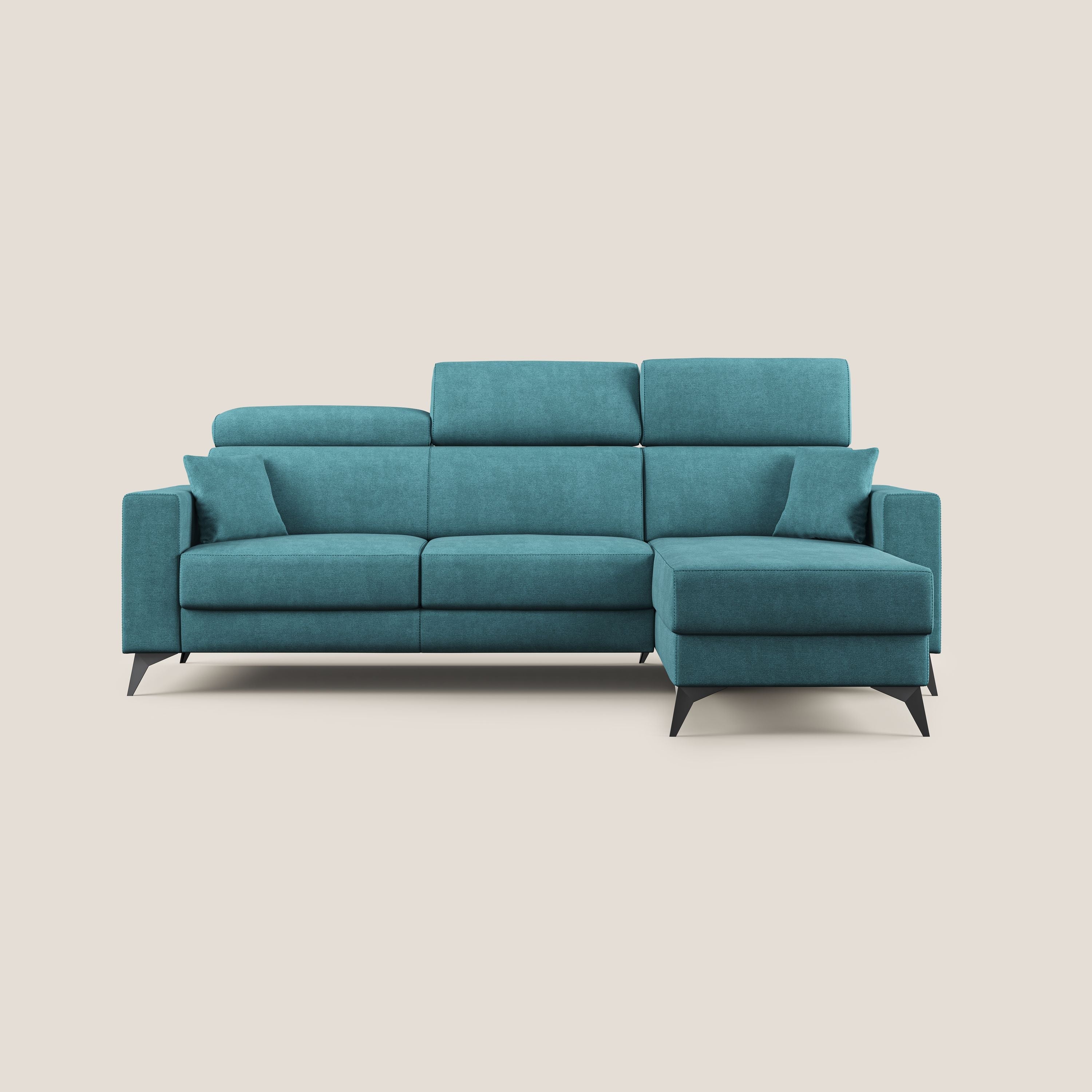 Pegaso divano letto angolare con poggiatesta reclinabili e rivestimento impermeabile T02 azzurro - divani.store