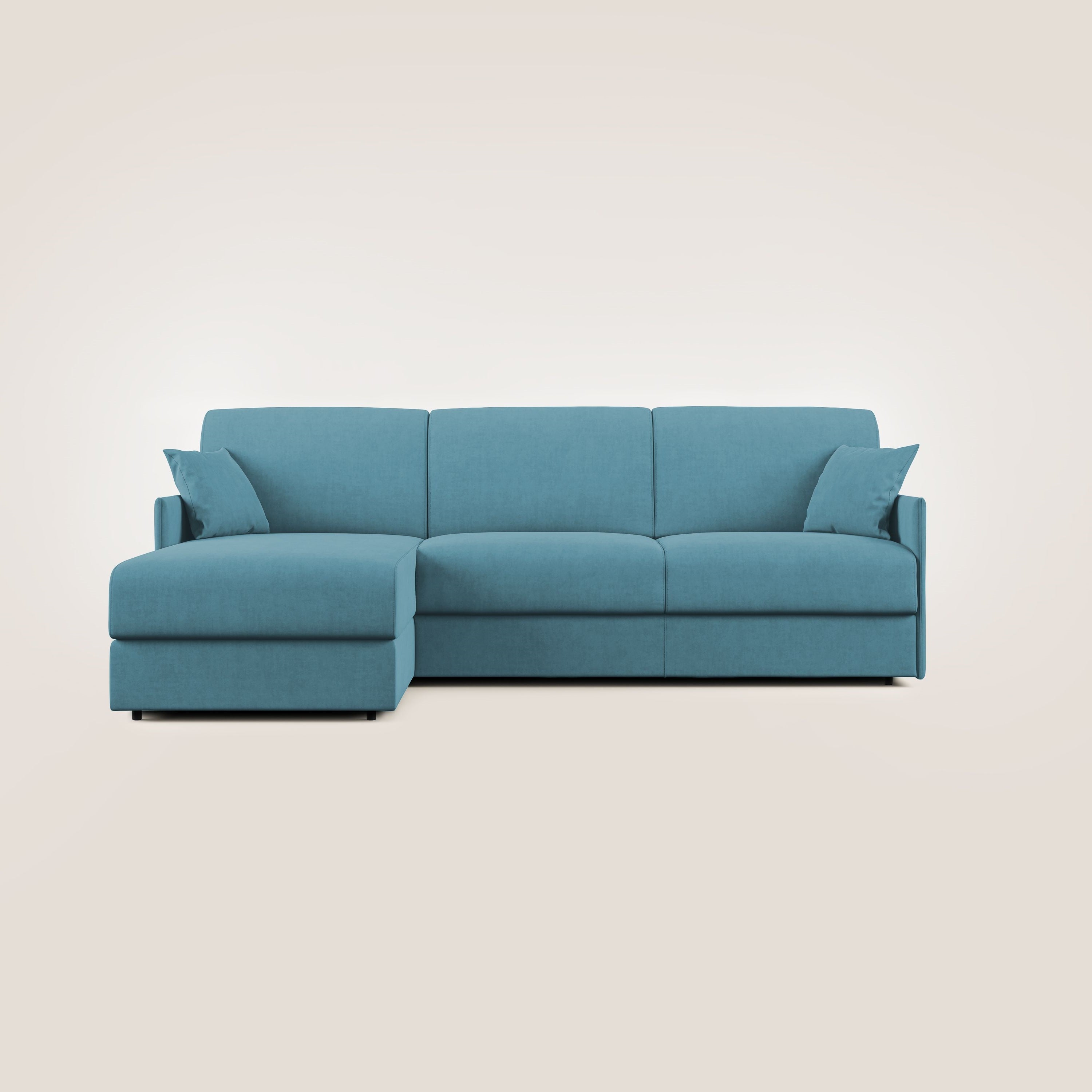 Evans Divano letto angolare con penisola in morbido tessuto impermeabile T02 azzurro - divani.store