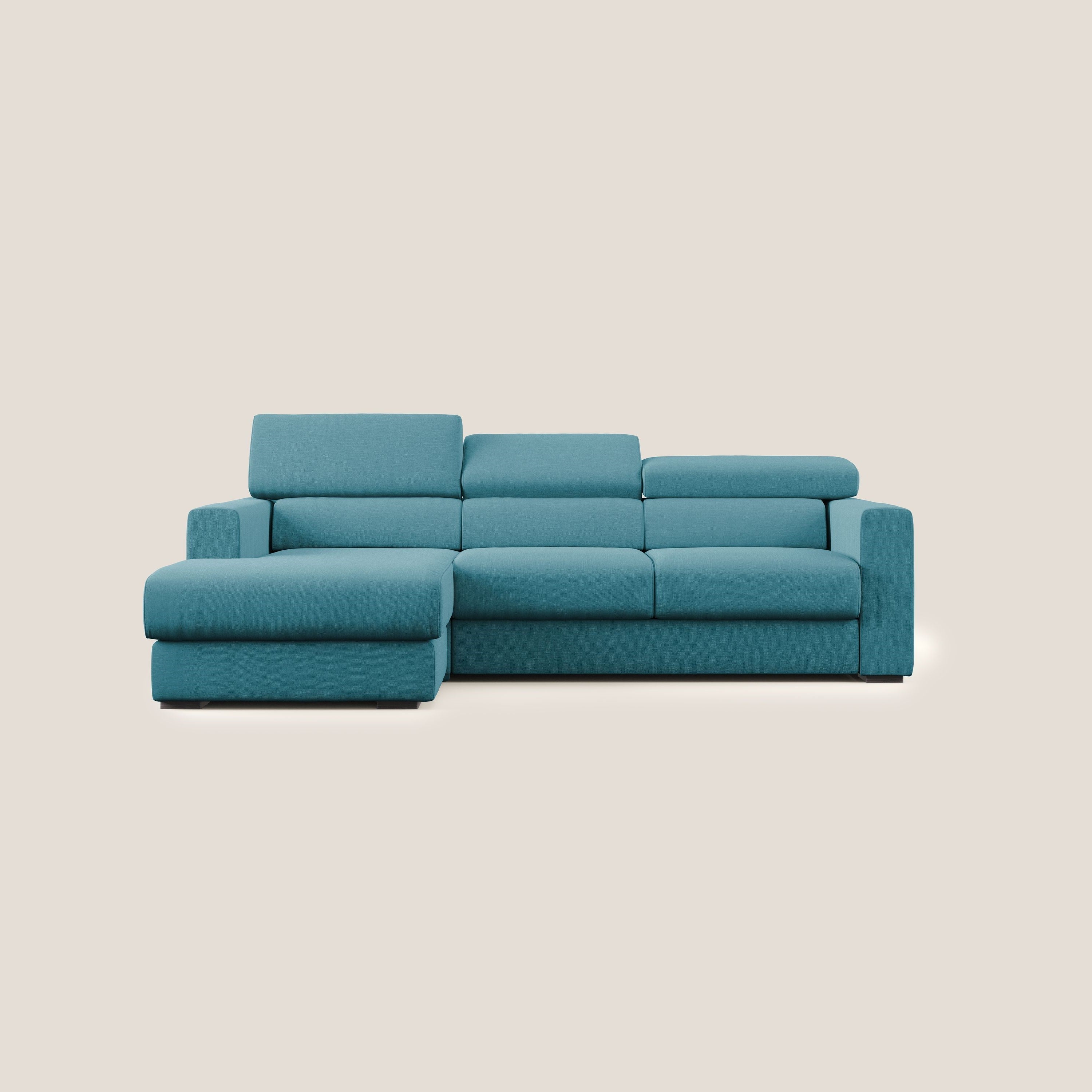 Dylan divano angolare con pouf estraibile poggiapiedi in tessuto simil cotone impermeabile T13 azzurro - divani.store